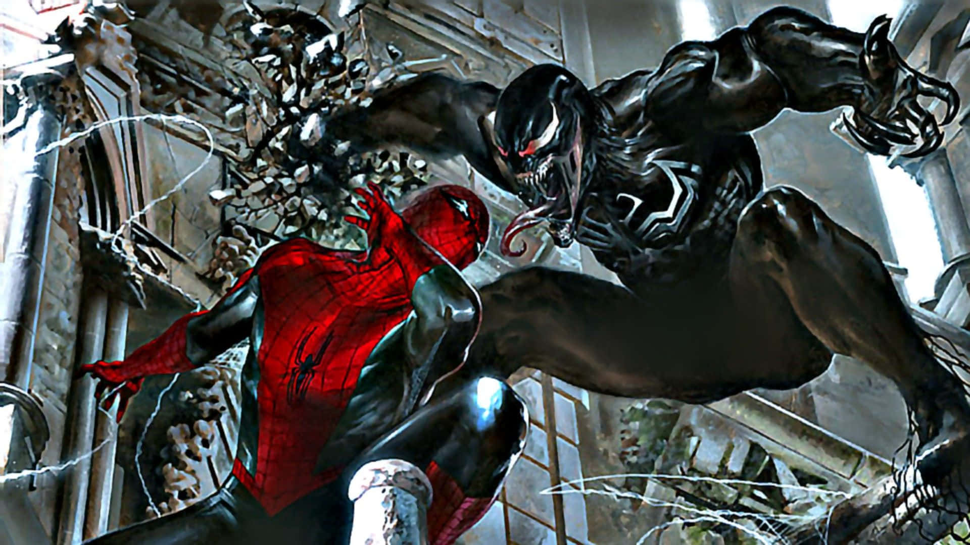 Scary Venom 桌布 壁紙 — 身穿紅色戰衣的蜘蛛俠與身穿黑色共生體戰衣的毒液在 crumbling 哥德式建築中交鋒。