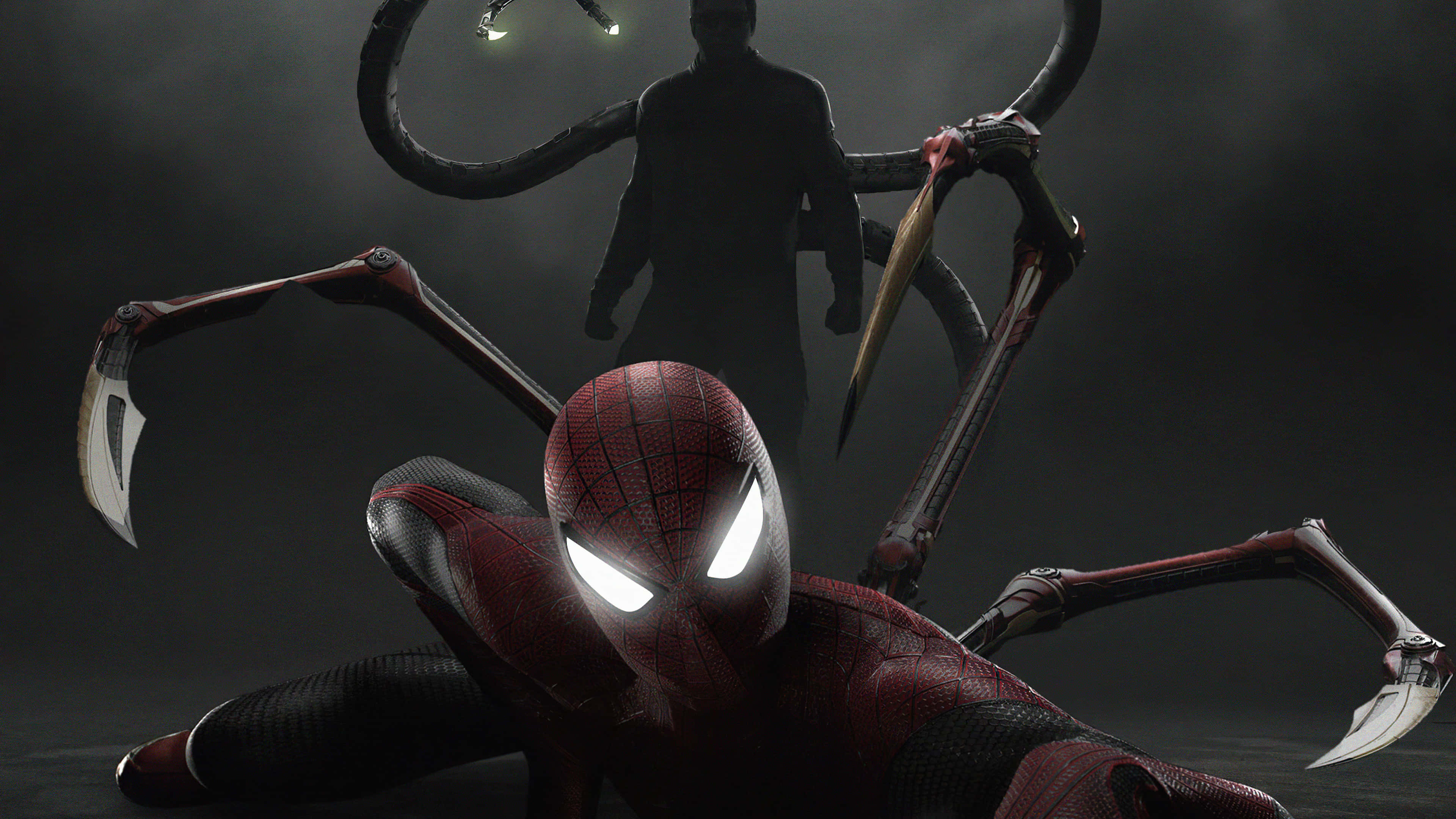 Superior Spider-man 桌布 壁紙 — 身穿紅色戰衣的蜘蛛俠防禦性地蹲下，面對著擁有機械臂的八爪魚博士那逼近的黑暗剪影。