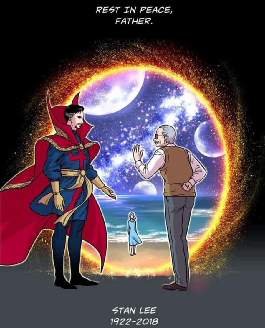 Stan Lee Tribute 桌布 壁紙 — 身穿紅色斗篷的奇異博士站在一個宇宙傳送門前，一位老人在沙灘上向他揮手告別，遠處有一個藍色身影。