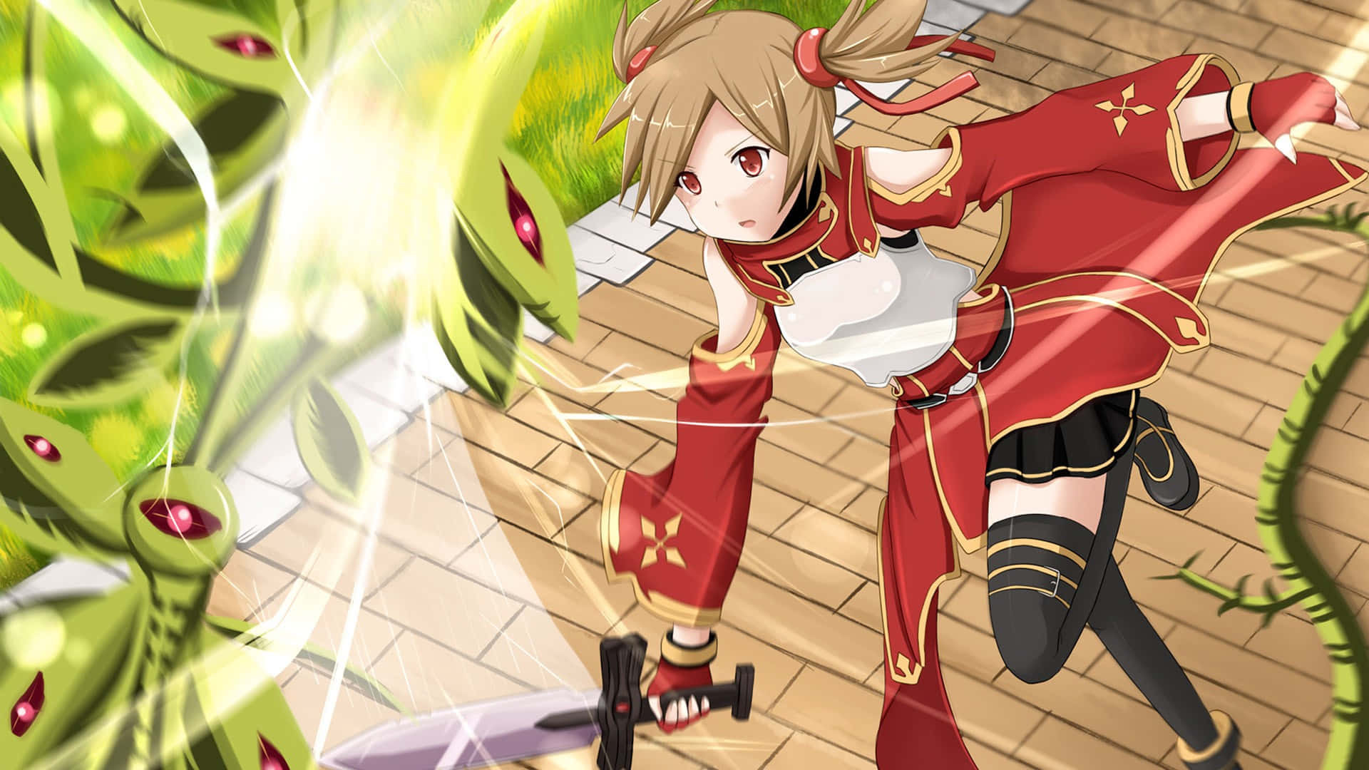 Sword Art Online Silica 桌布 壁紙 — 身穿紅色服裝的動漫女孩在瓷磚路上拔劍與發光的綠色植物怪物戰鬥。