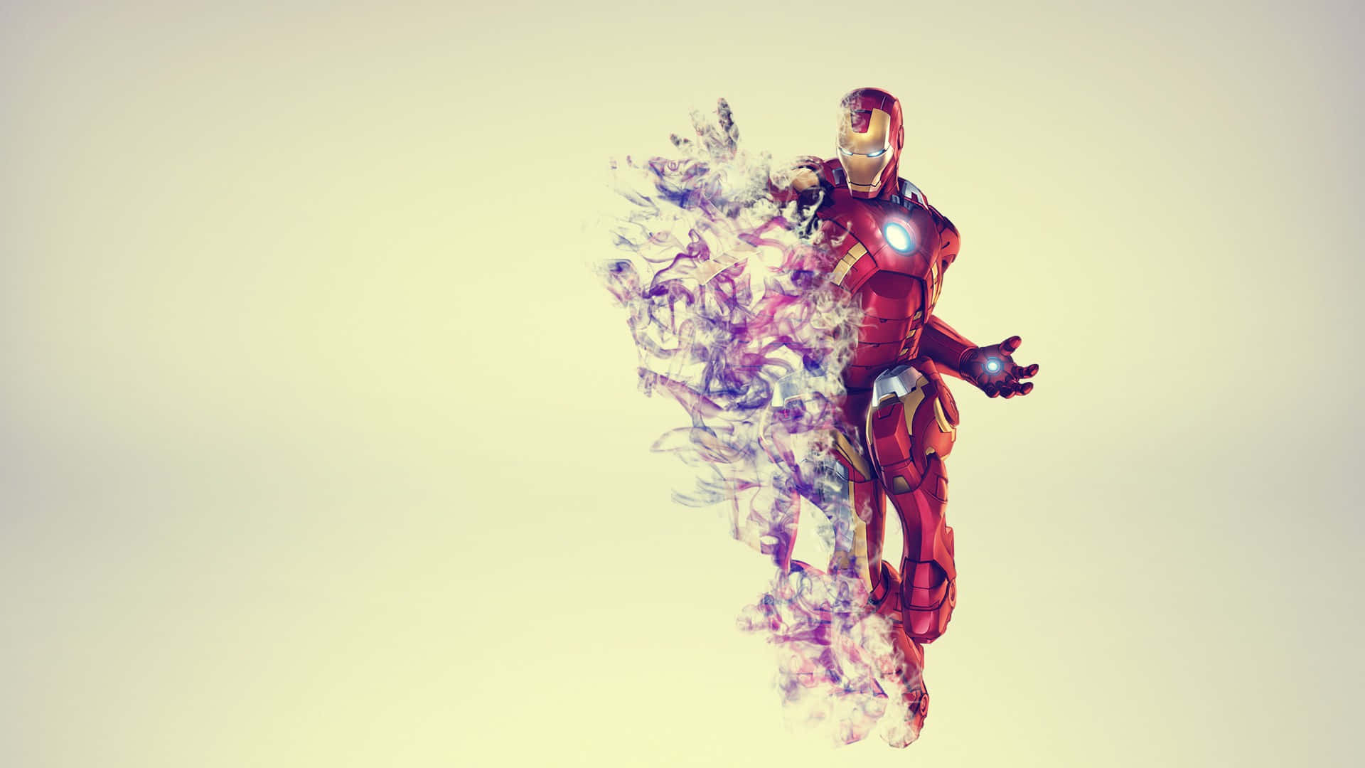 Iron Man Fan Art 桌布 壁紙 — 身穿紅色盔甲的鐵甲奇俠在柔和的米色背景上溶解成旋轉的紫色和白色粒子。