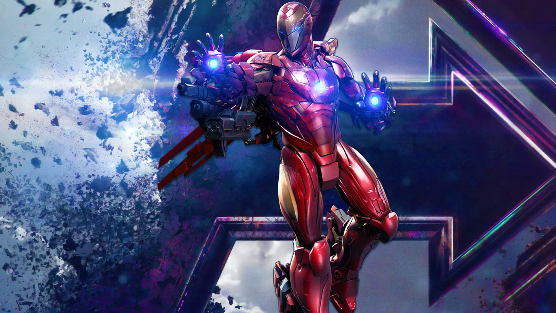 Iron Man Suit 桌布 壁紙 — 身穿紅色裝甲的鐵甲奇俠，在宇宙碎片中動態地站立，身後有發光的藍色斥力器和破碎的星域。
