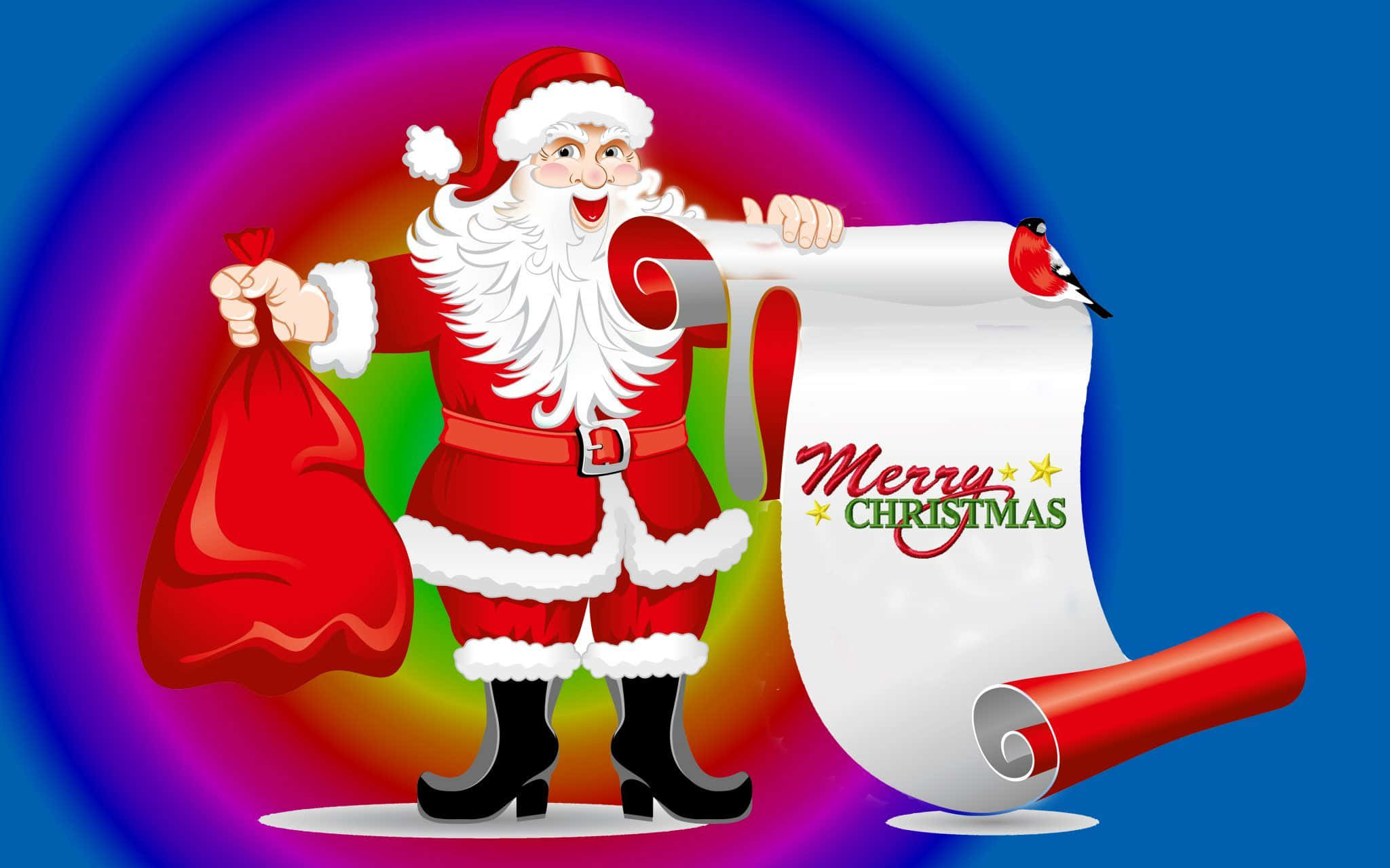 Santa Claus 桌布 壁紙 — 身穿紅色西裝的快樂聖誕老人，在充滿活力的彩虹漩渦背景下，手持禮物袋和帶有「聖誕快樂」字樣的節日捲軸。