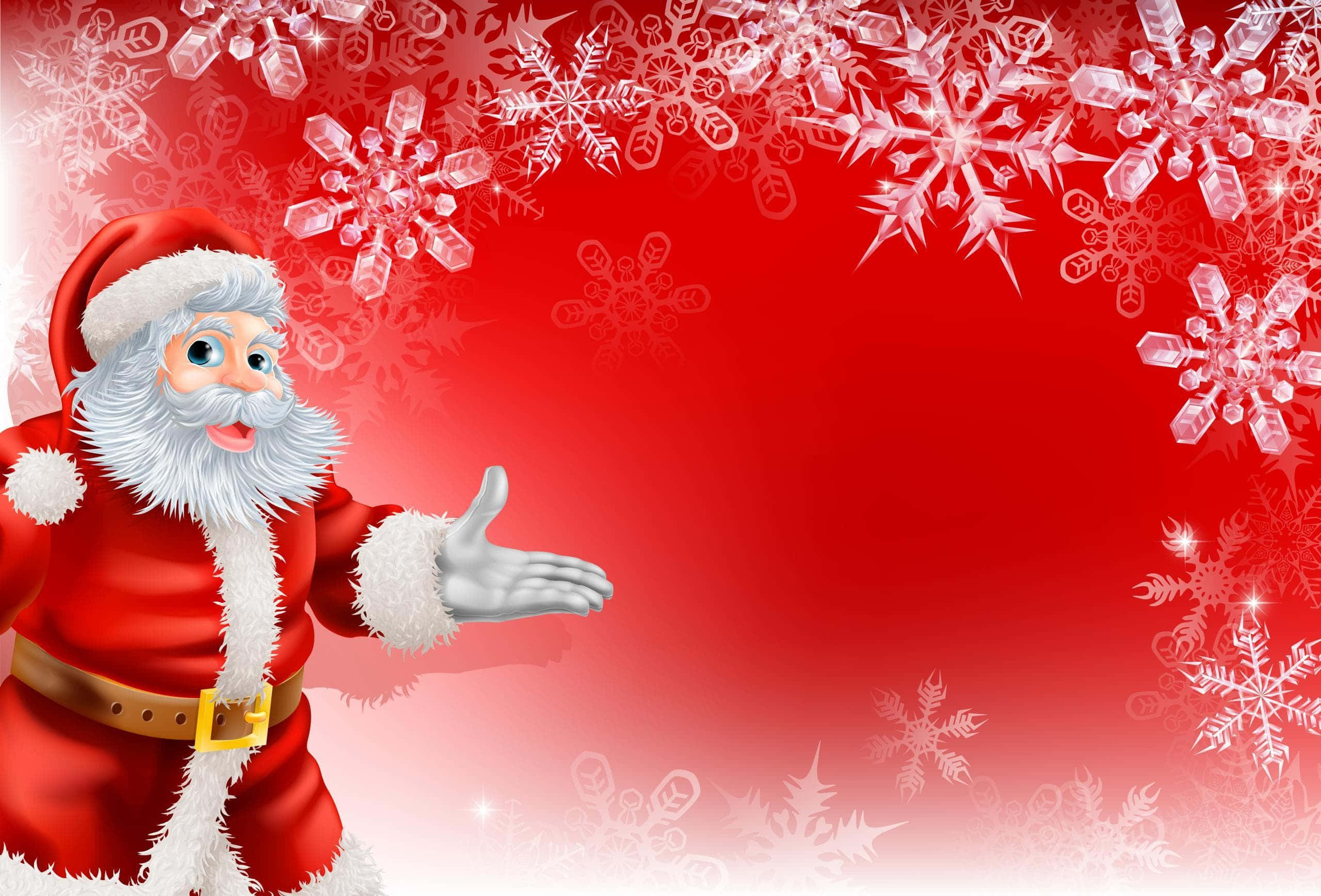 Santa Claus 桌布 壁紙 — 身穿紅色西裝的聖誕老人，在飾有閃爍雪花的節日紅色背景前，熱情地做著手勢。