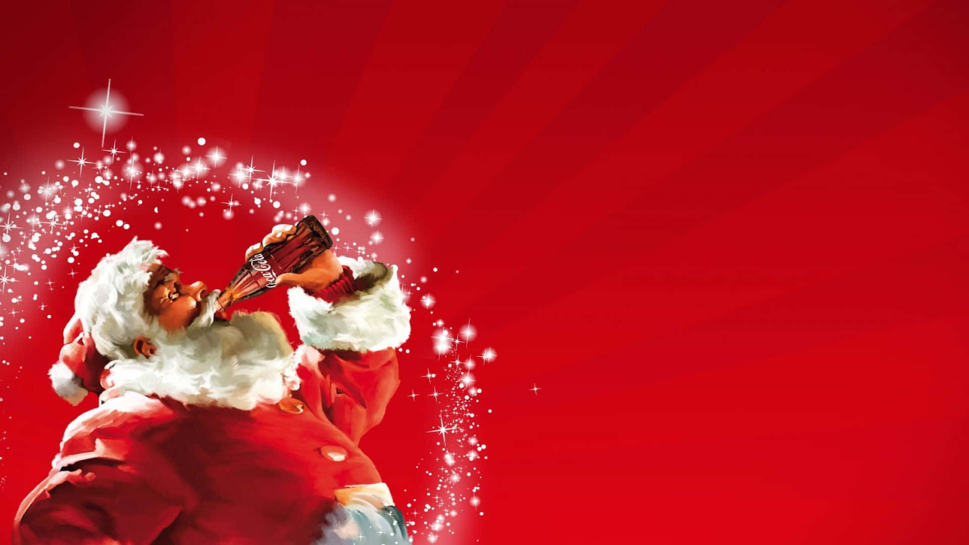Santa Claus 桌布 壁紙 — 身穿紅色西裝的聖誕老人喝著可口可樂，伴隨著閃爍的魔法，背景是耀眼的紅色。