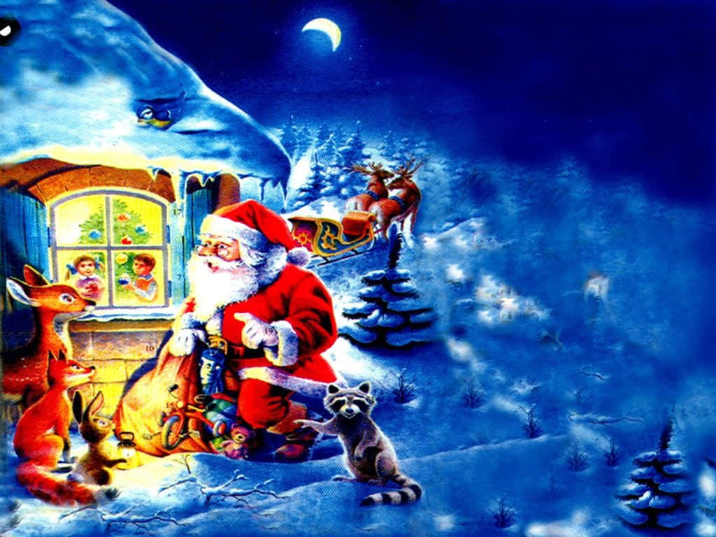 Santa Claus 桌布 壁紙 — 身穿紅色西裝的聖誕老人在新月下，在雪屋裡為孩子們送禮物，馴鹿在頭頂飛翔。