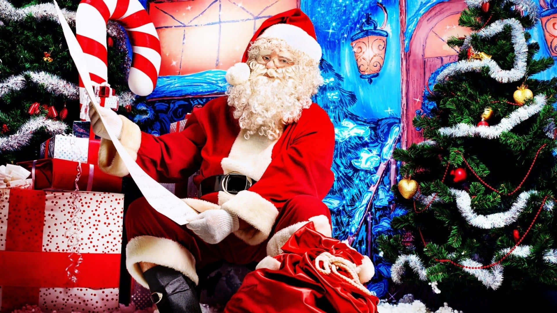 Santa Claus 桌布 壁紙 — 身穿紅色西裝的聖誕老人在裝飾有拐杖糖和禮物的聖誕樹旁拆開禮物。