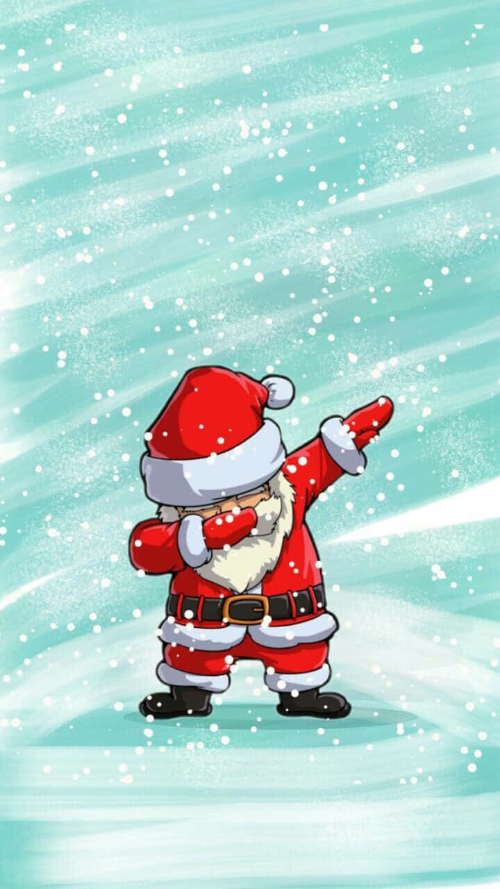 Holiday Memes 桌布 壁紙 — 身穿紅色西裝的聖誕老人在青綠色漸變背景的飄雪中跳著 dab 舞。