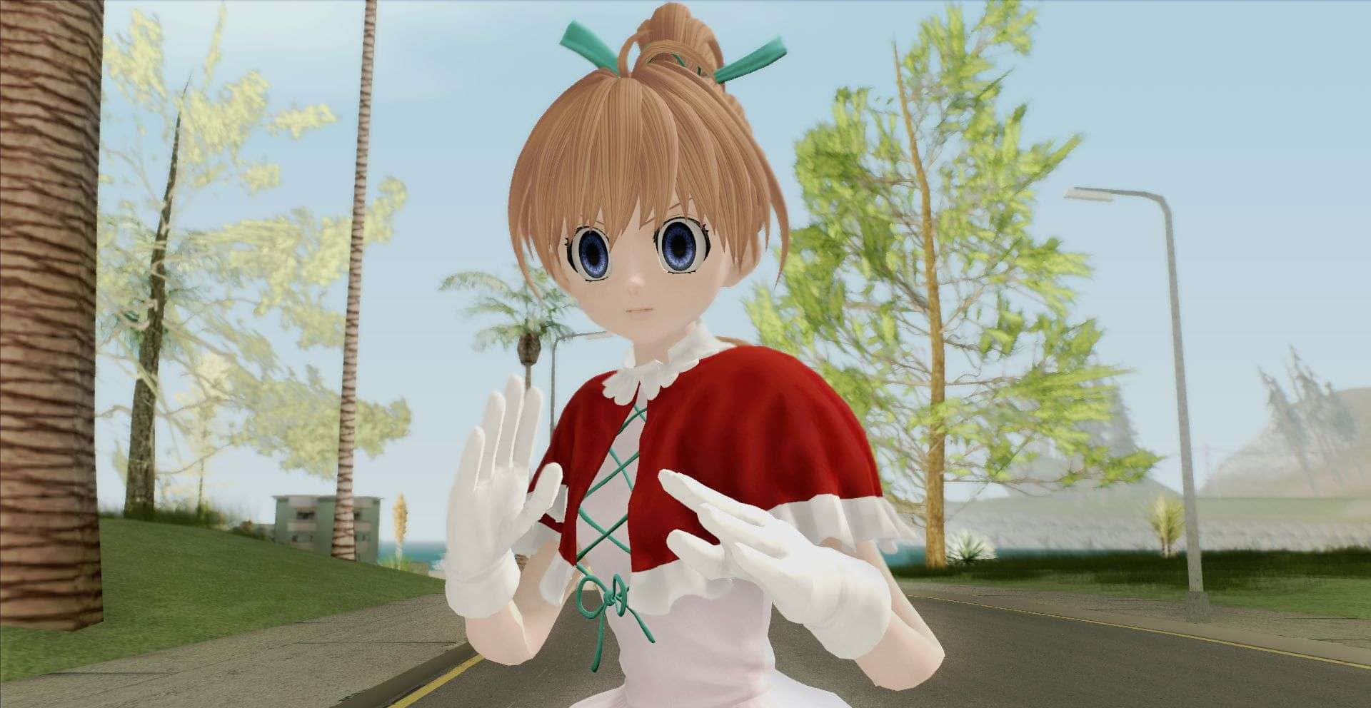 Hunter X Hunter Bisky 桌布 壁紙 — 身穿紅色連衣裙的動漫女孩在陽光明媚、種滿棕櫚樹和路燈的街道上愉快地揮手。