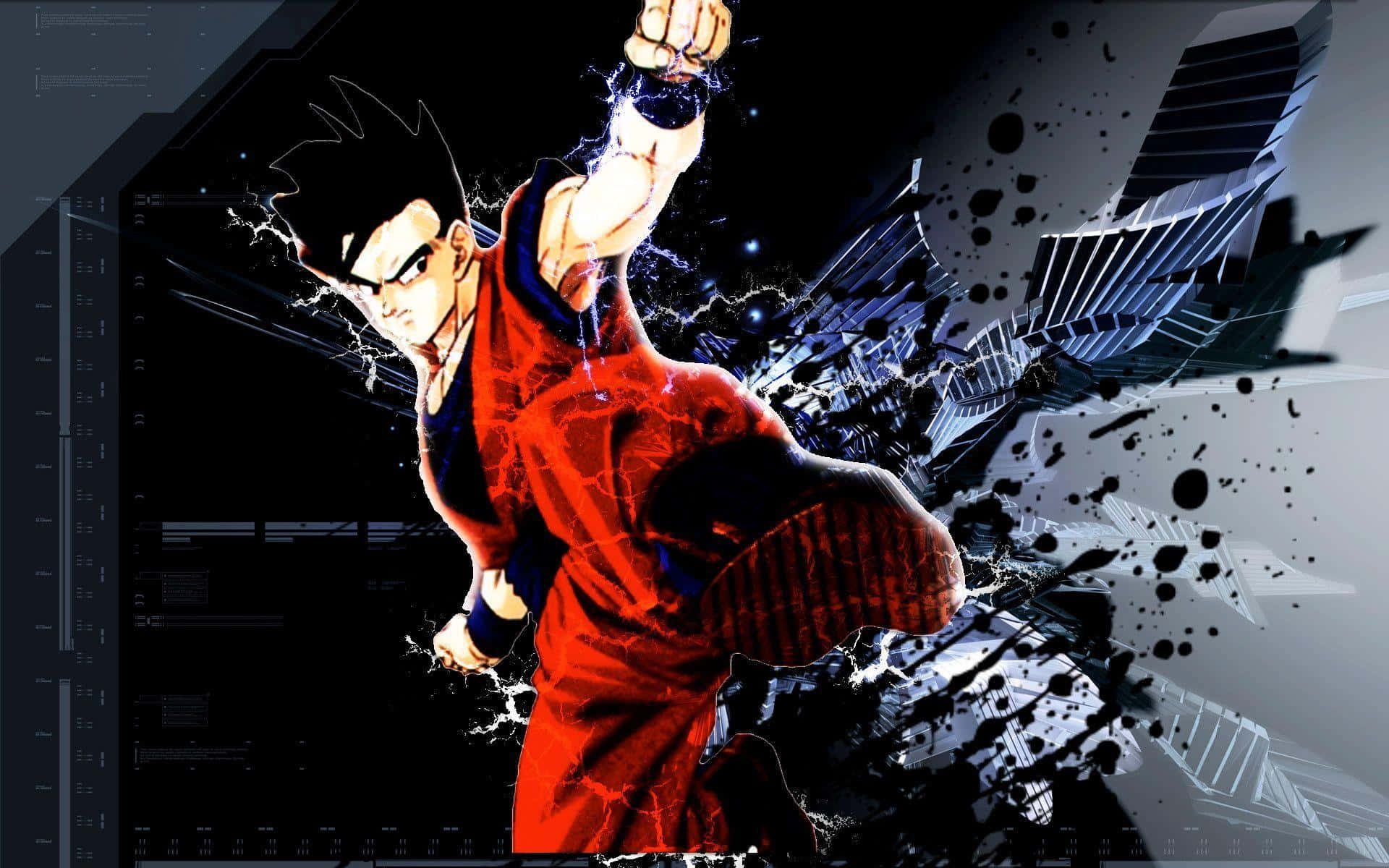 Mystic Gohan 桌布 壁紙 — 身穿紅色道服的動漫戰士向前揮拳，拳頭爆發出電能，背景是破碎的數位畫面。