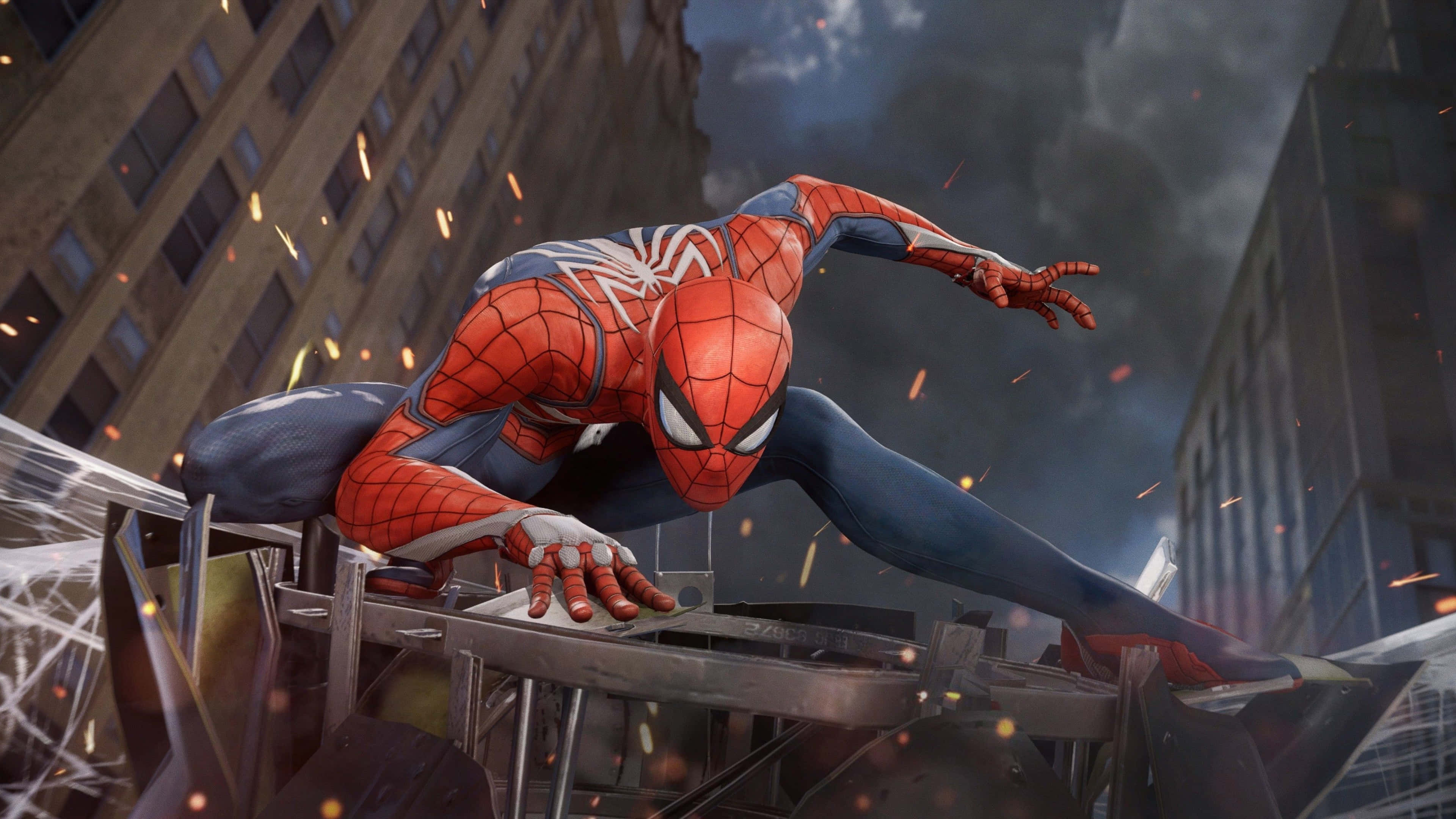 4K Marvel 壁紙 桌布 壁紙 — 身穿紅藍戰衣的蜘蛛俠在火花四濺、摩天大樓聳立的 gritty 都市峽谷中動態擺盪。
