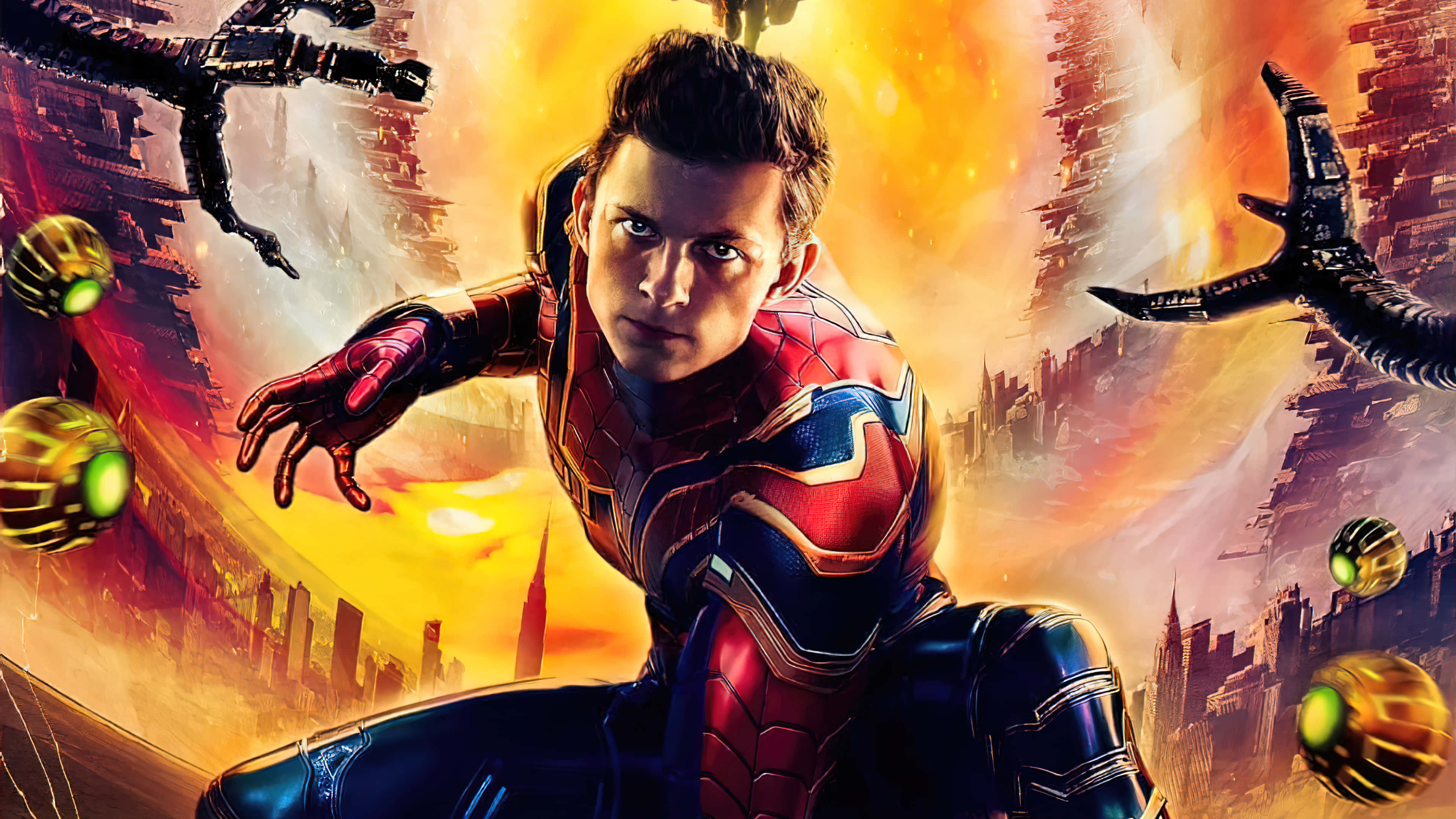 Spider Man No Way Home 桌布 壁紙 — 身穿紅藍戰衣的蜘蛛俠在熾熱橙色日落背景下，伴隨著漂浮的綠色球體和機械臂，動態地蹲伏著。