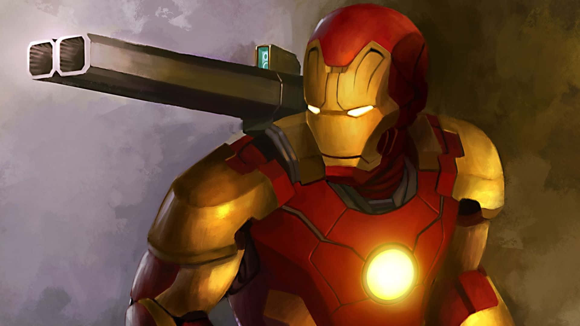 Iron Man Weapons 桌布 壁紙 — 身穿紅金戰甲的鐵甲奇俠，在煙霧瀰漫的灰色背景前，肩上扛著一個大炮。