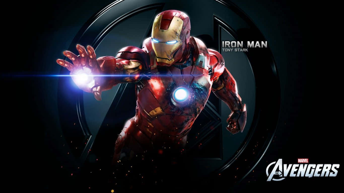 Iron Man Movies 桌布 壁紙 — 身穿紅金戰甲的鐵甲奇俠伸出手，在黑暗的復仇者聯盟標誌背景下發射出明亮的藍色斥力炮光束。