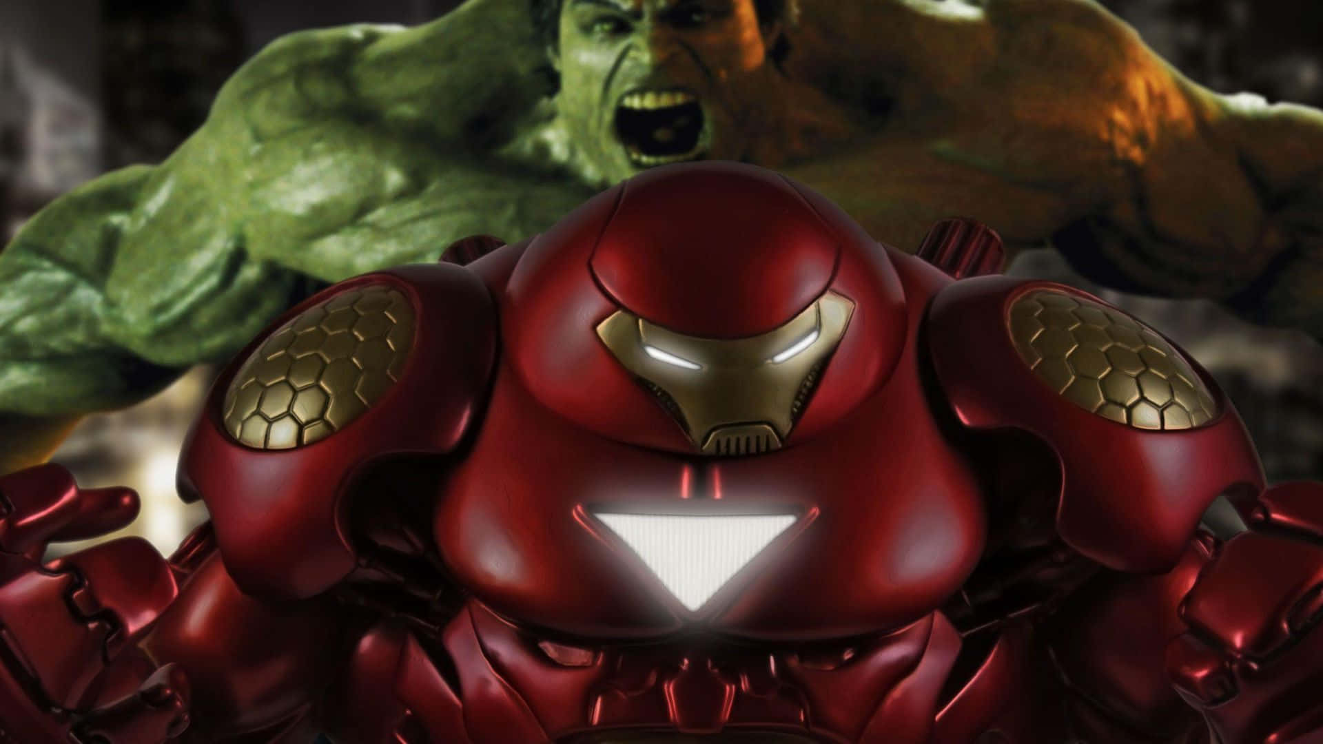Iron Man Vs Hulk 桌布 壁紙 — 身穿紅金戰甲的鐵甲奇俠與咆哮的綠色變形俠醫展開一場戲劇性的電影對決。