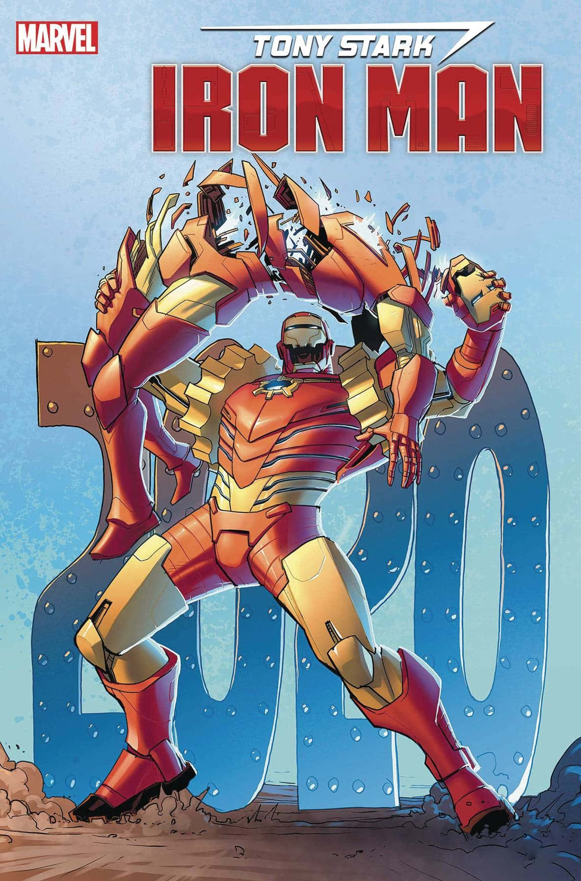 Iron Man Comics 桌布 壁紙 — 身穿紅金戰甲的鐵甲奇俠衝破一個巨大的藍色零字，碎片四散飛舞。