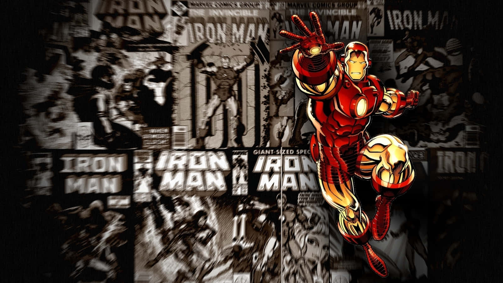 Iron Man Comics 桌布 壁紙 — 身穿紅金盔甲的鐵甲奇俠在黑白漫畫面板背景下向前飛行。