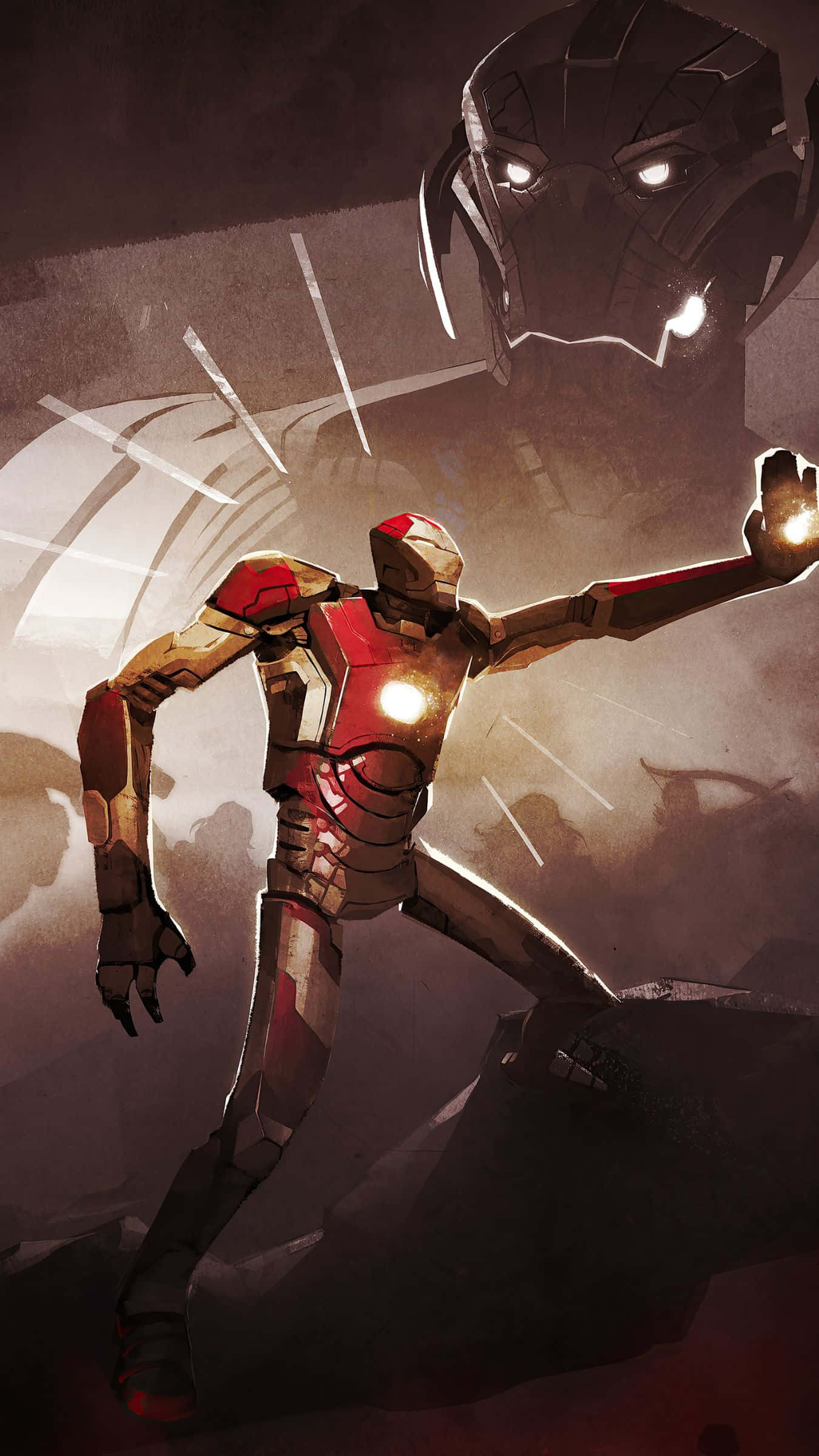 Iron Man Weapons 桌布 壁紙 — 身穿紅金盔甲的鐵甲奇俠挑釁地站立，一個威脅性的頭盔在頭頂若隱若現，營造出 gritty 的電影場景。