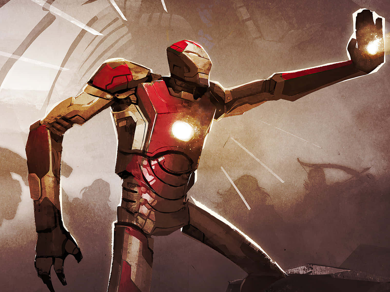 Iron Man Fan Art 桌布 壁紙 — 身穿紅金裝甲的鐵甲奇俠，在煙霧瀰漫的戰場背景下，英雄般地伸出發光的斥力炮。