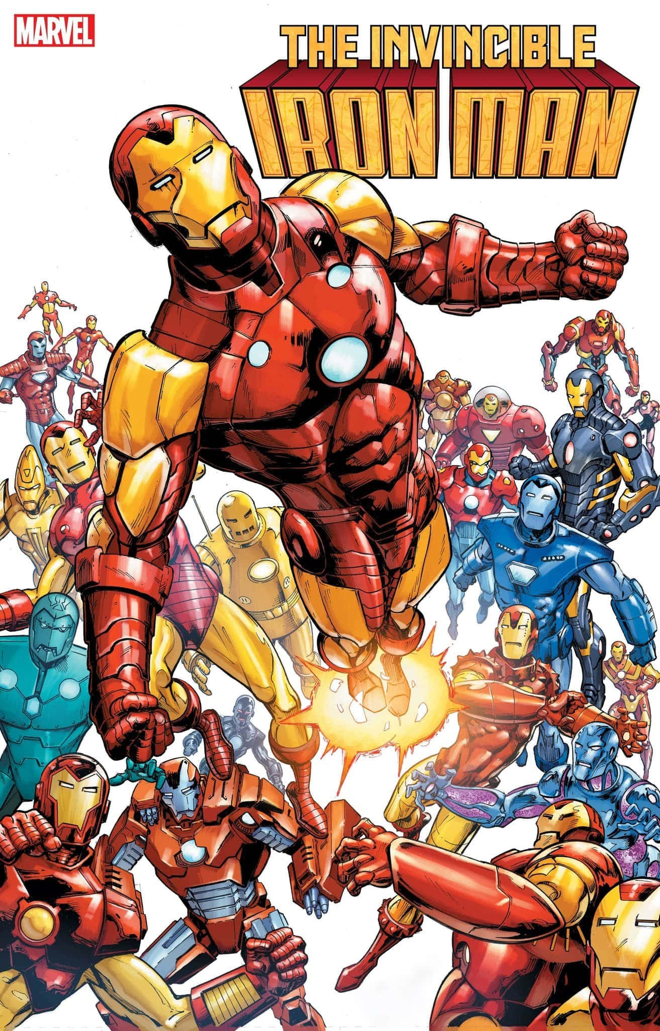 Iron Man Comics 桌布 壁紙 — 身穿紅金裝甲的鐵甲奇俠向前躍進，被多種裝甲變體包圍，呈現動態漫畫藝術風格。