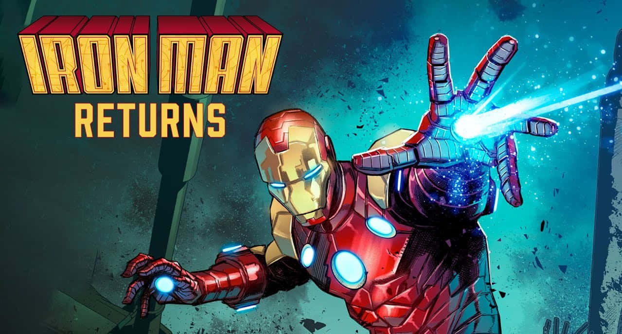 Iron Man Comics 桌布 壁紙 — 身穿紅金裝甲的鐵甲奇俠在深藍綠色背景上發射藍色斥力光束，背景帶有漫畫文字。