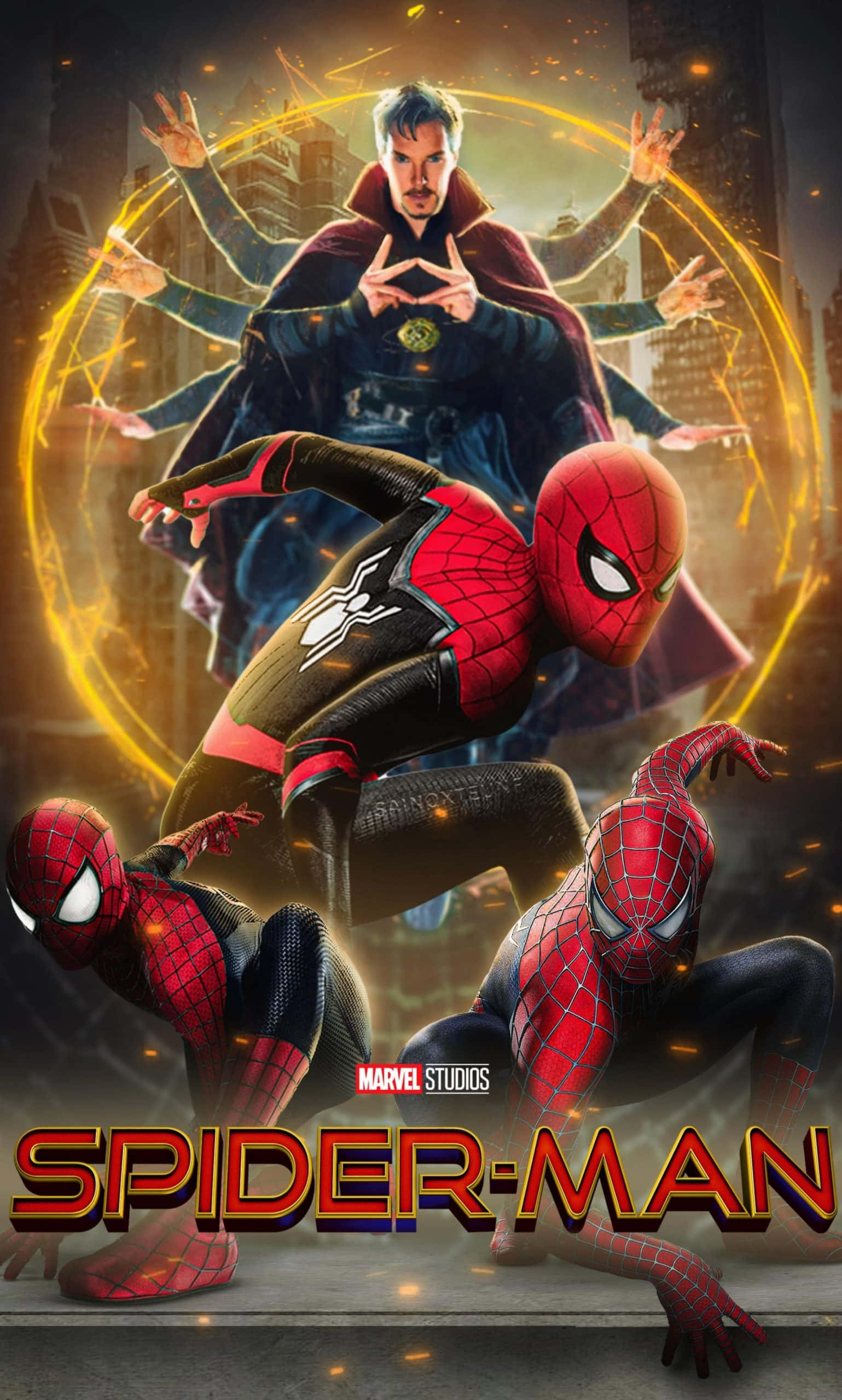 Spider Man No Way Home 桌布 壁紙 — 身穿紅黑戰衣的蜘蛛俠在發光的黃色神秘圓圈前動態跳躍，背景是奇異博士。