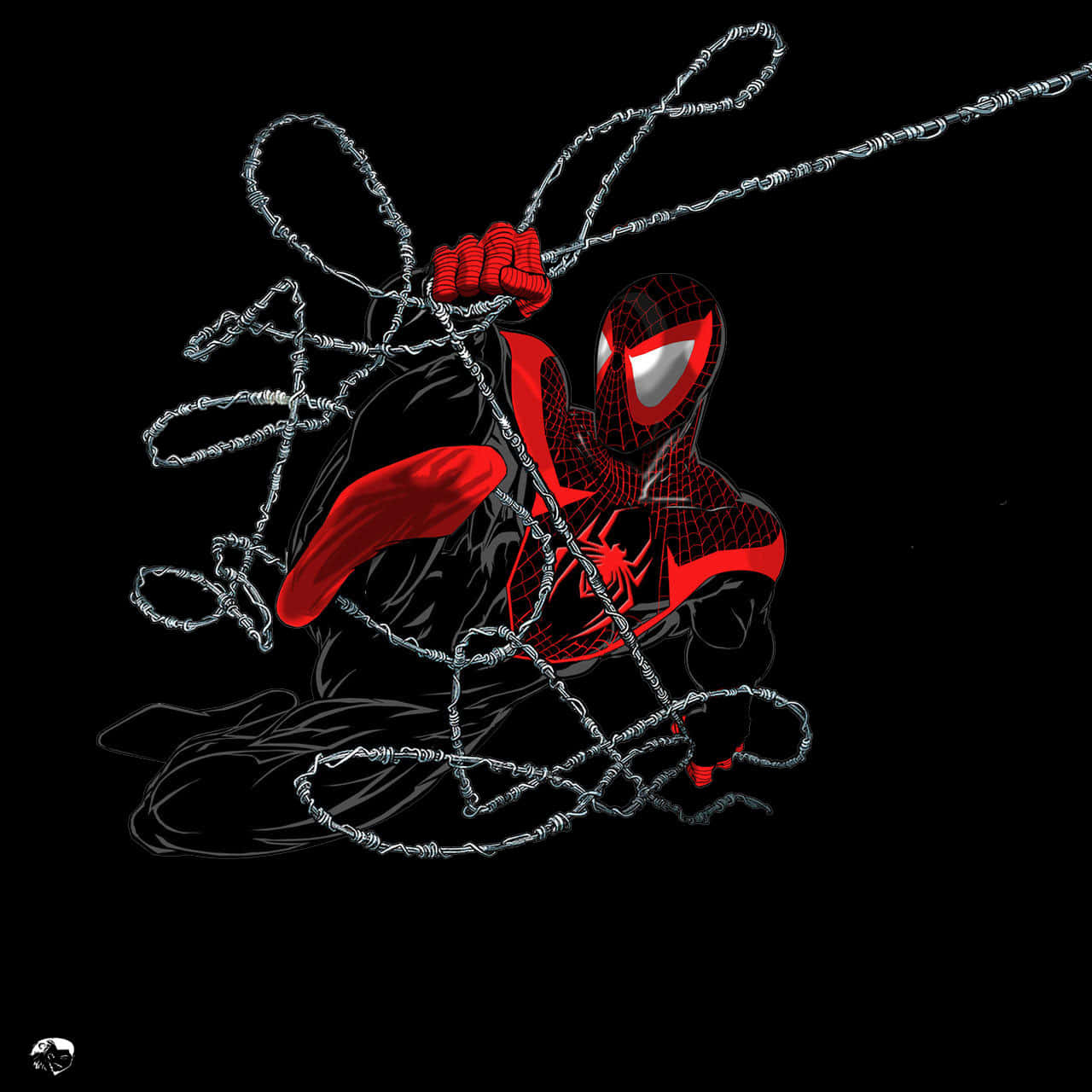 Miles Morales 動漫 桌布 壁紙 — 身穿紅黑戰衣的蜘蛛俠被發光的銀色鎖鏈纏繞在黑色背景上。
