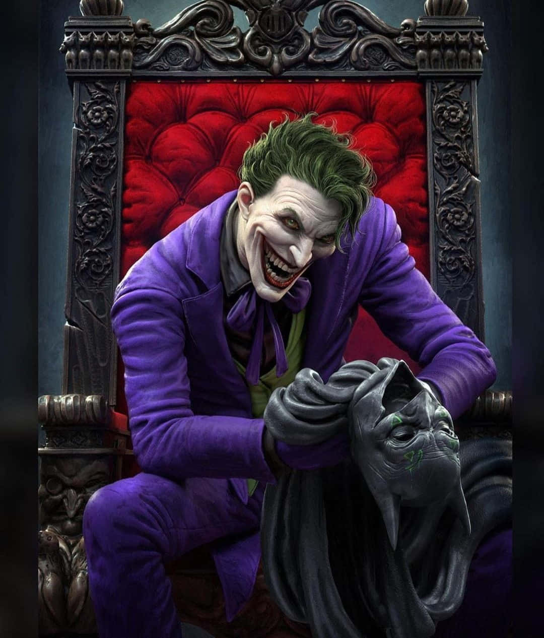 Joker Comic 桌布 壁紙 — 身穿紫色西裝的小丑坐在華麗的王座上，手持一個帶有狂笑表情的怪誕面具。