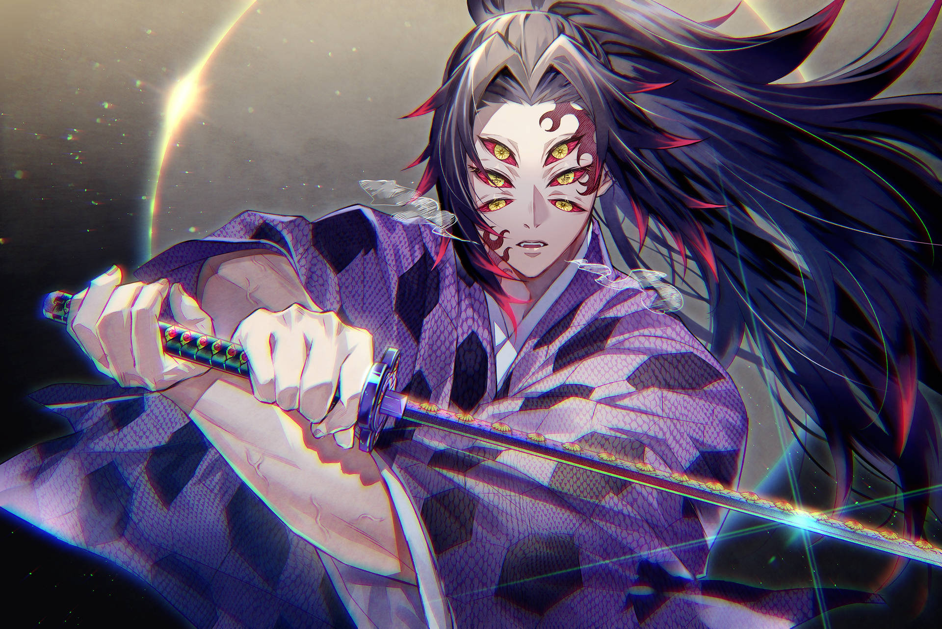 動漫惡魔戰士，眼睛發光，在太空中持劍。