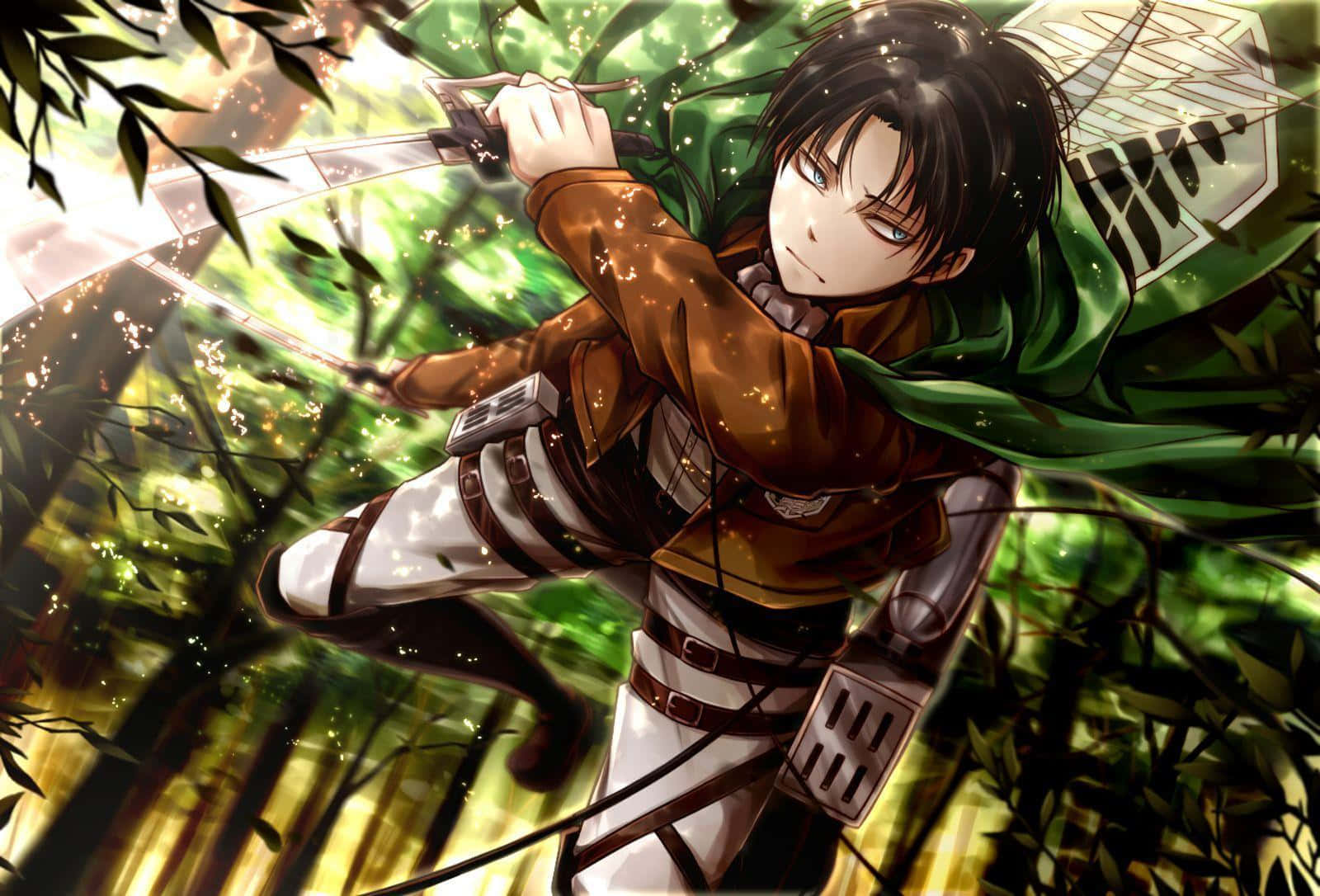 Attack On Titan Video Game 桌布 壁紙 — 身穿綠色斗篷和棕色外套的動漫戰士，帶著堅定的表情，揮舞著劍跳過陽光明媚的森林。