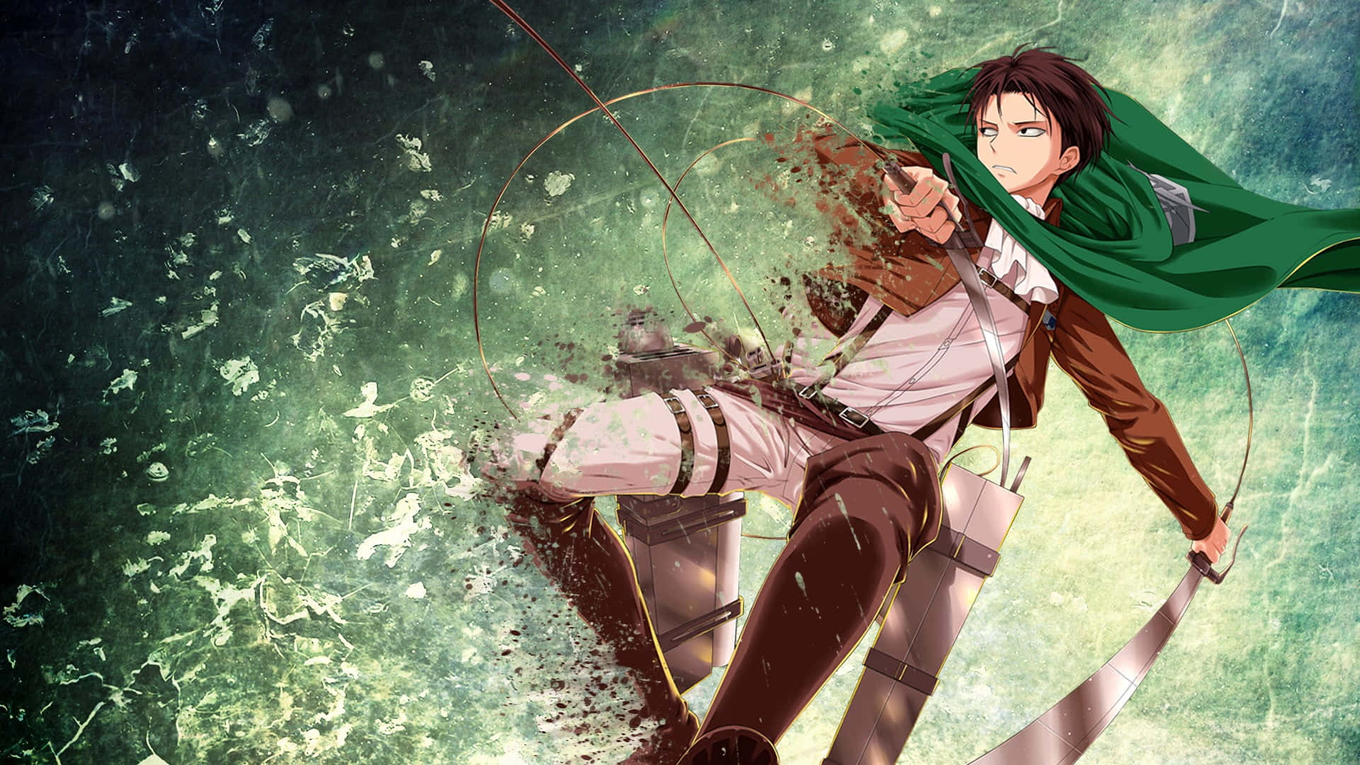 Attack On Titan Poster 桌布 壁紙 — 身穿綠色斗篷和裝備的動漫戰士，在旋轉的綠色迷霧中動態跳躍，帶有動態模糊和碎片。