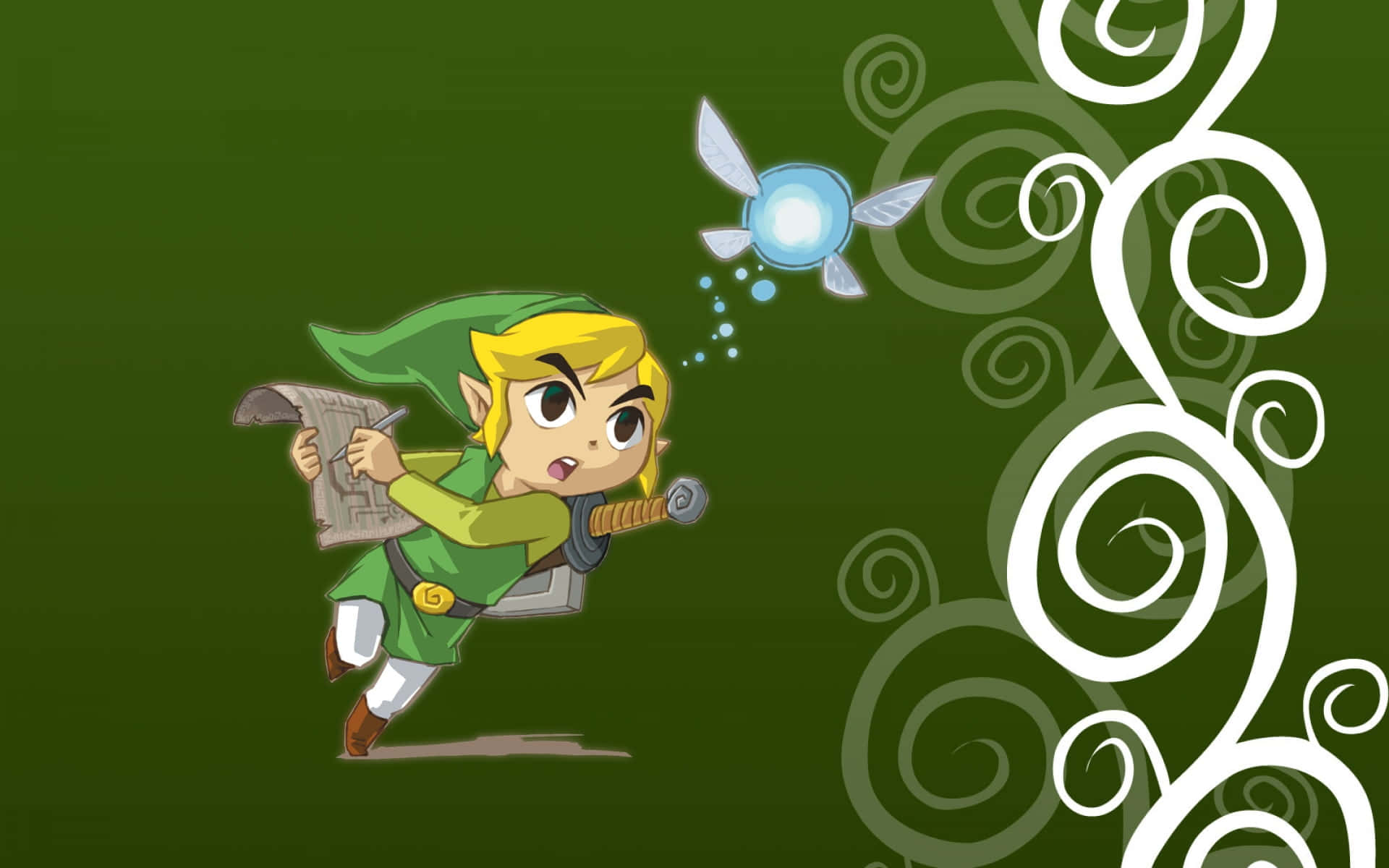 The Legend Of Zelda Navi 桌布 壁紙 — 身穿綠色束腰外衣的Chibi Link向左奔跑，手持地圖，藍色妖精在他旁邊漂浮，背景為深綠色漩渦。