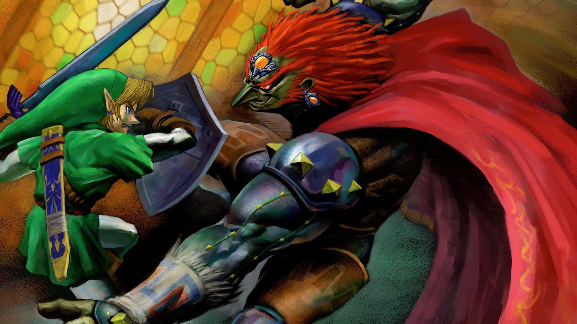 Ganondorf 桌布 壁紙 — 身穿綠色束腰外衣的Link在彩繪玻璃照亮的競技場中，與手持盾牌和劍的紅髮裝甲敵人戰鬥。