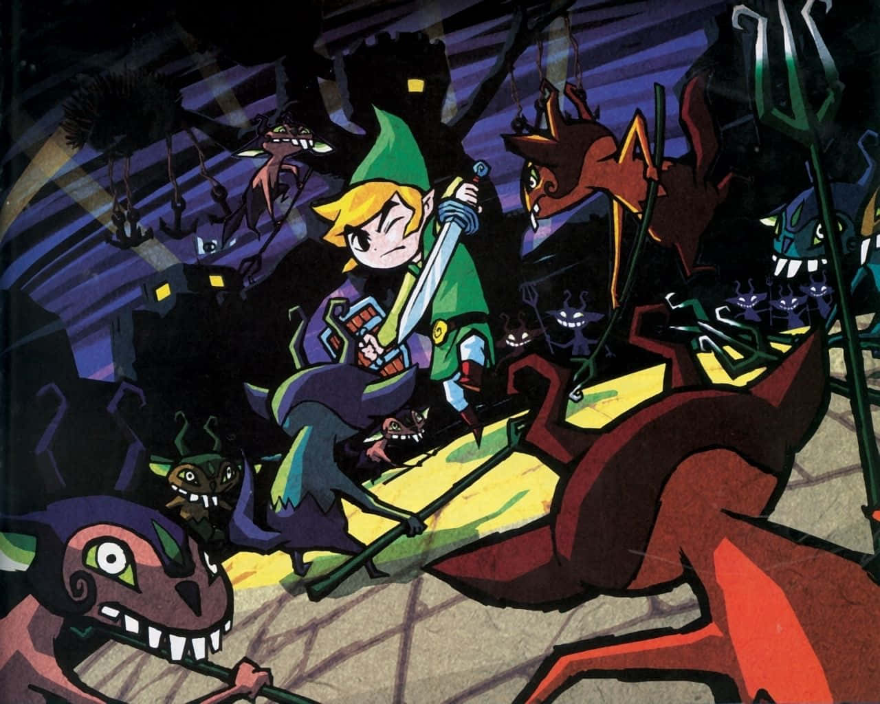 The Legend Of Zelda The Wind Waker 桌布 壁紙 — 身穿綠色束腰外衣的林克在黑暗的地牢中揮劍對抗怪誕的怪物，地牢中掛著火把，並有詭異的紫色燈光。