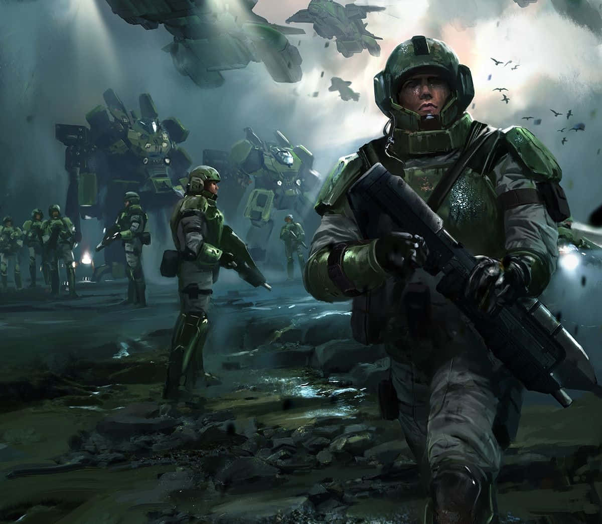 Halo Unsc 桌布 壁紙 — 身穿綠色盔甲的士兵在暴風雨的天空下穿過廢墟戰場，巨大的戰爭機器在頭頂若隱若現。