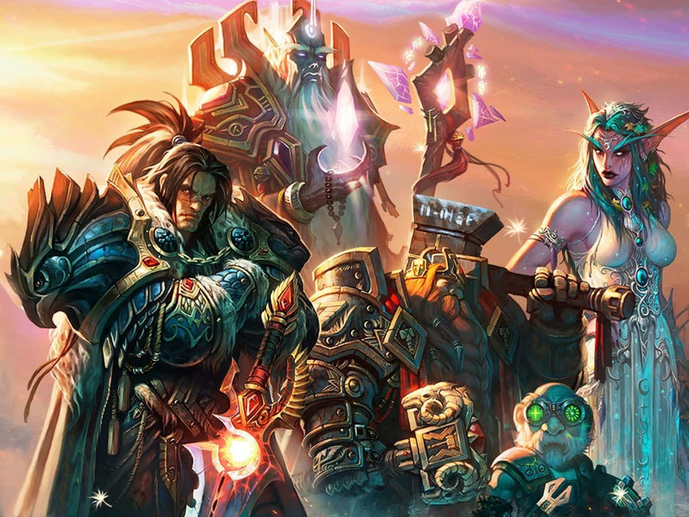 World Of Warcraft Races 桌布 壁紙 — 身穿華麗盔甲的奇幻戰士和精靈，在閃耀的夕陽天空下英勇站立，周圍有魔法能量噼啪作響。
