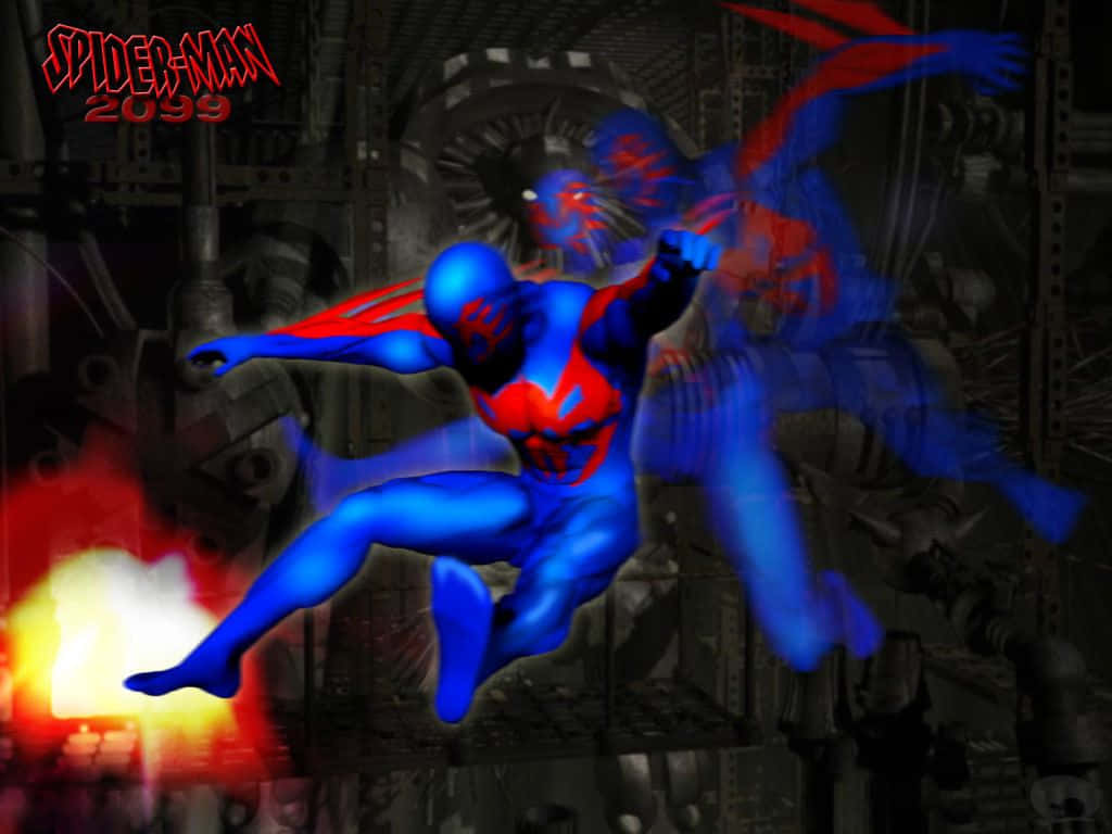 Spider Man 2099 桌布 壁紙 — 身穿藍紅戰衣的Spider-Man 2099在黑暗工業場景中伴隨火焰爆炸動態跳躍。