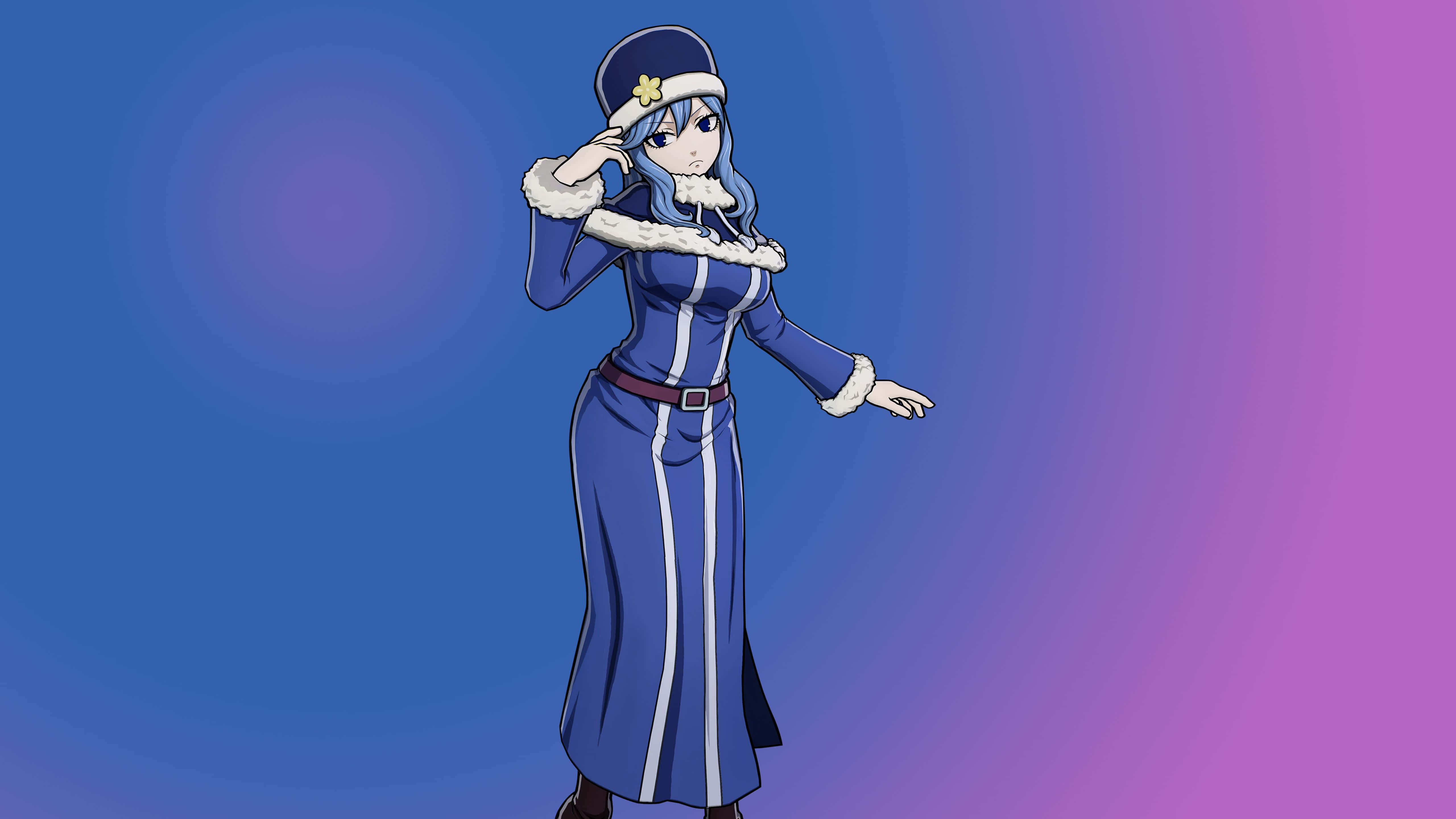 juvia lockser 桌布 壁紙 — 身穿藍色冬季外套、白色毛邊和帽子的動漫女孩在藍紫色漸變背景前敬禮。