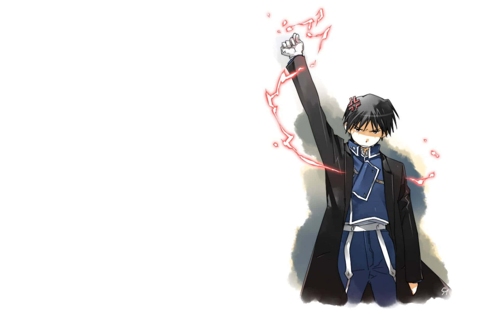 Roy Mustang 桌布 壁紙 — 身穿藍色制服和黑色外套的動漫角色，在白色背景前舉起拳頭，周圍有發光的紅色能量噼啪作響。