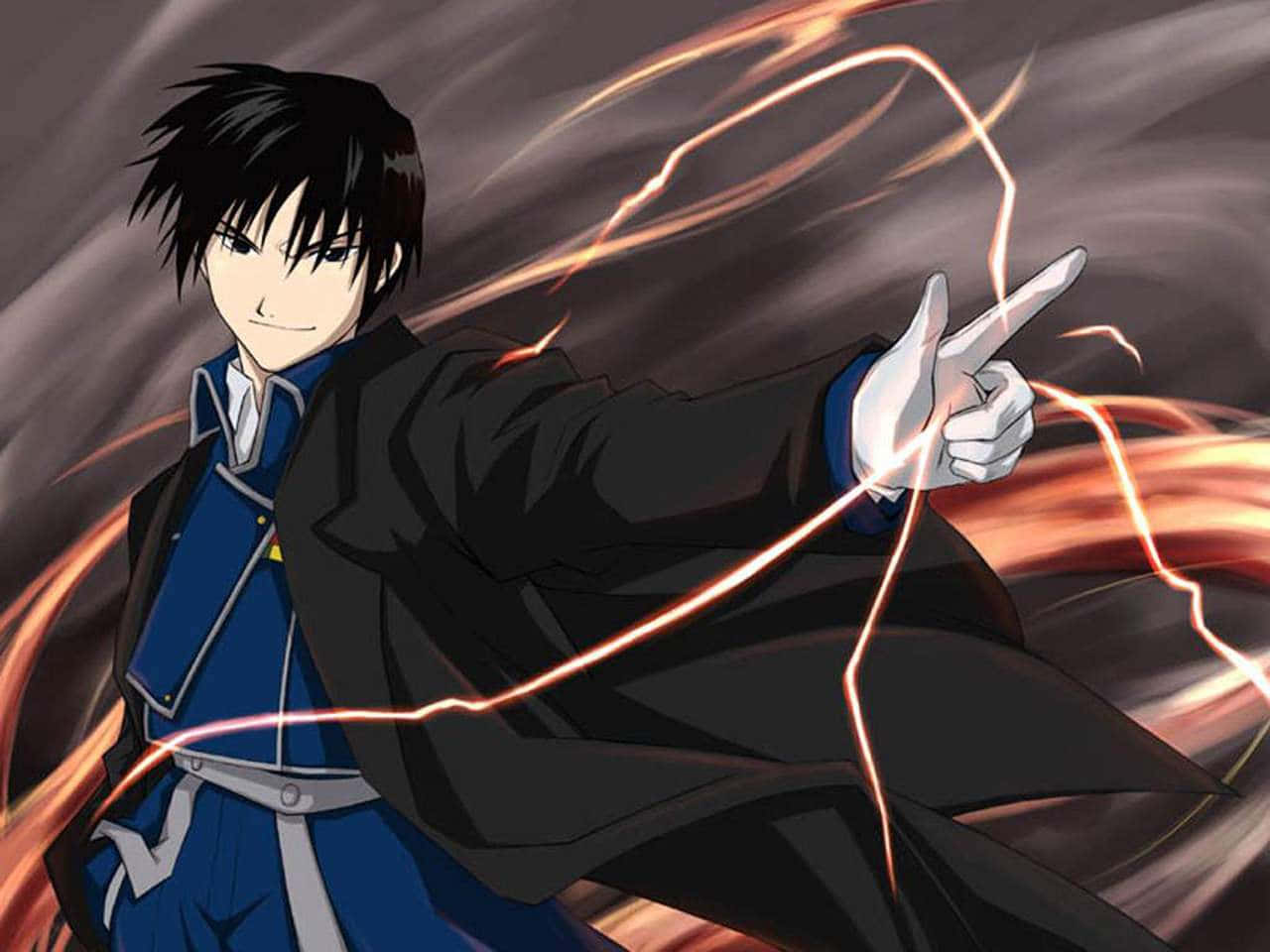 Roy Mustang 桌布 壁紙 — 身穿藍色制服嘅動漫角色，喺黑暗漩渦背景前伸出手指，引導發光嘅橙色能量。