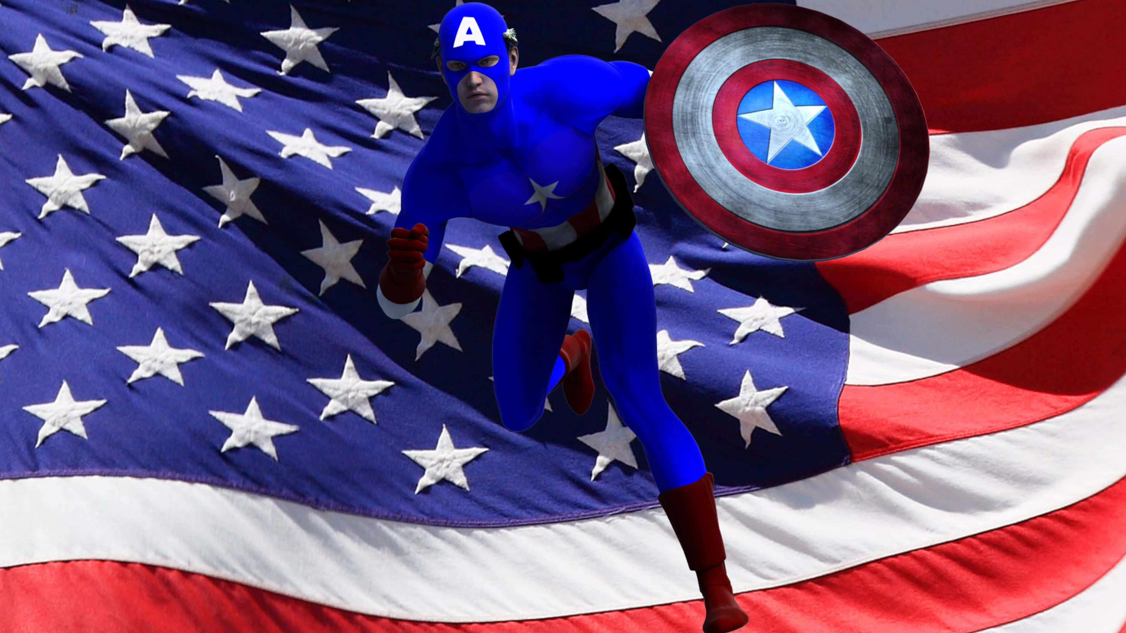 4K Captain America 桌布 壁紙 — 身穿藍色制服的美國隊長手持盾牌向前奔跑，背景是飄揚的美國國旗。
