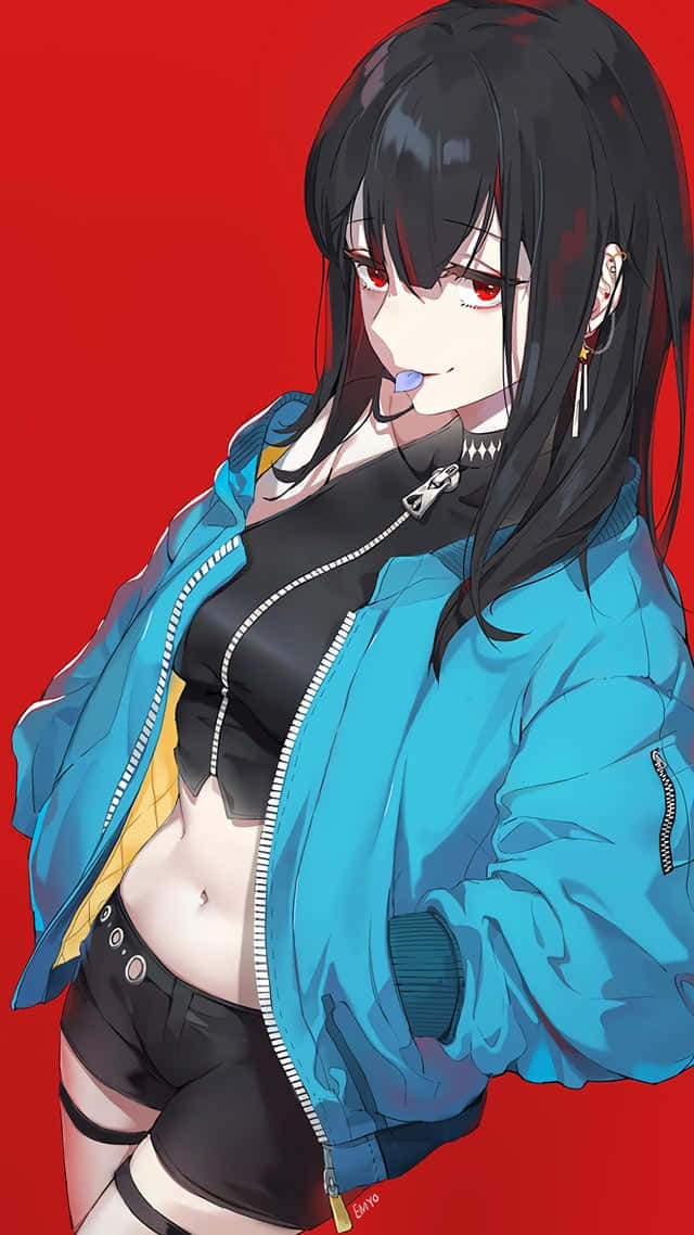 紅眼黑髮的動漫女孩，穿著藍色外套，背景為紅色。
