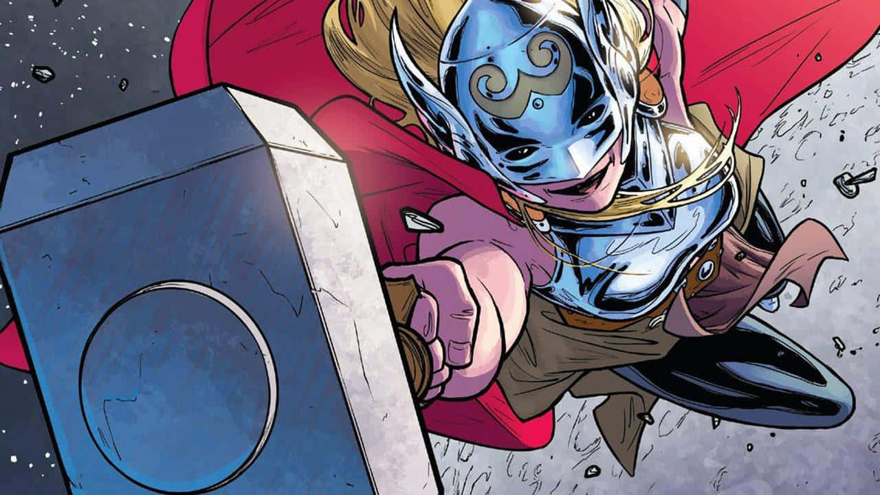 Jane Foster 桌布 壁紙 — 身穿藍色盔甲和紅色斗篷的索爾，在星光閃爍的宇宙虛空中揮舞著他的錘子，帶有動態的動作線條。