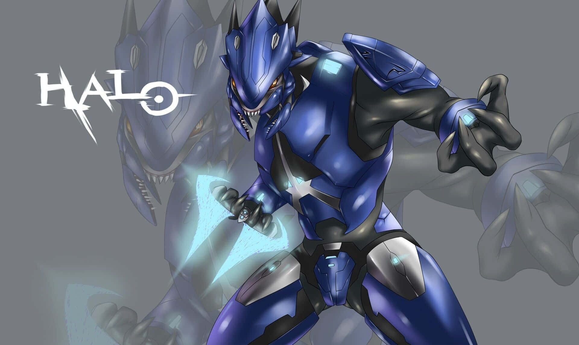 Halo Arbiter 桌布 壁紙 — 身穿藍色盔甲的Halo戰士手持發光能量刀，在灰色背景前向前衝刺，身後有一個幽靈般的怪物。