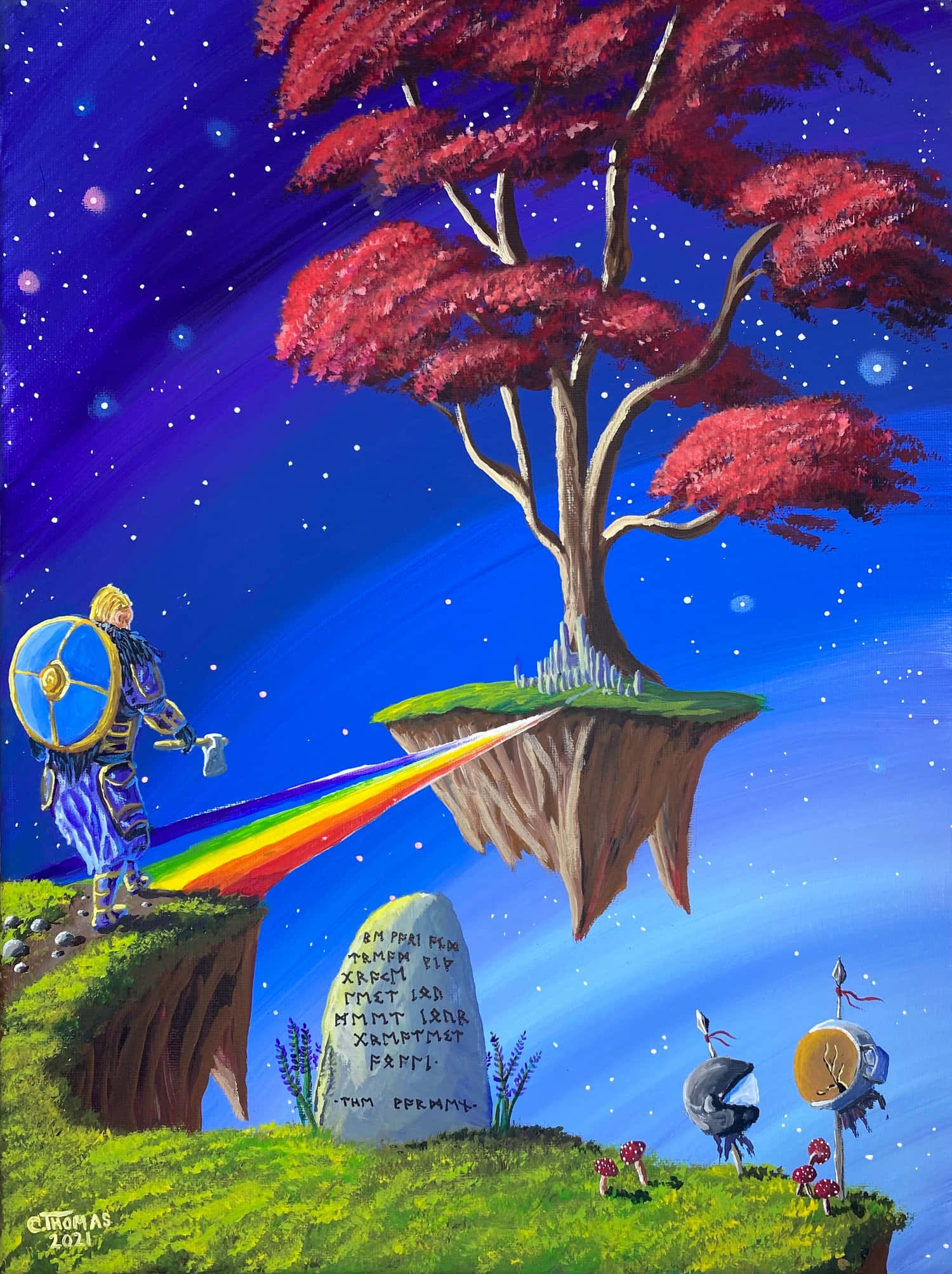 Bifrost 桌布 壁紙 — 身穿藍色盔甲的騎士站在懸崖上，向著星空下一棵紅樹的浮島發射彩虹光束。