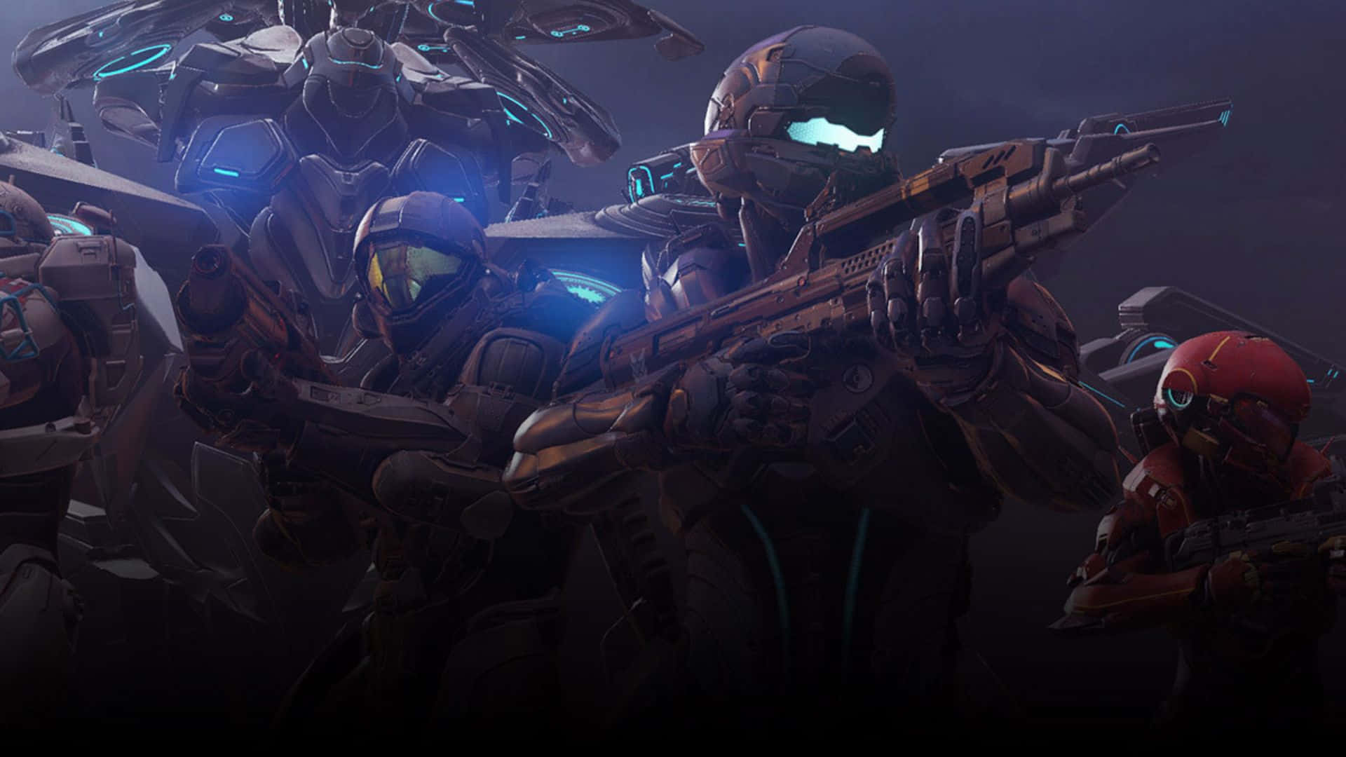 Fireteam Osiris 桌布 壁紙 — 身穿裝甲服、帶有發光藍色點綴的未來士兵，在黑暗的科幻戰場上準備好先進武器。