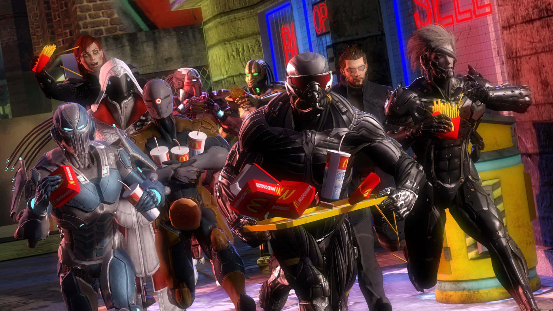 Mass Effect Femshep 桌布 壁紙 — 身穿裝甲服的賽博龐克英雄們手持快餐托盤，衝過霓虹燈閃爍的城市小巷。