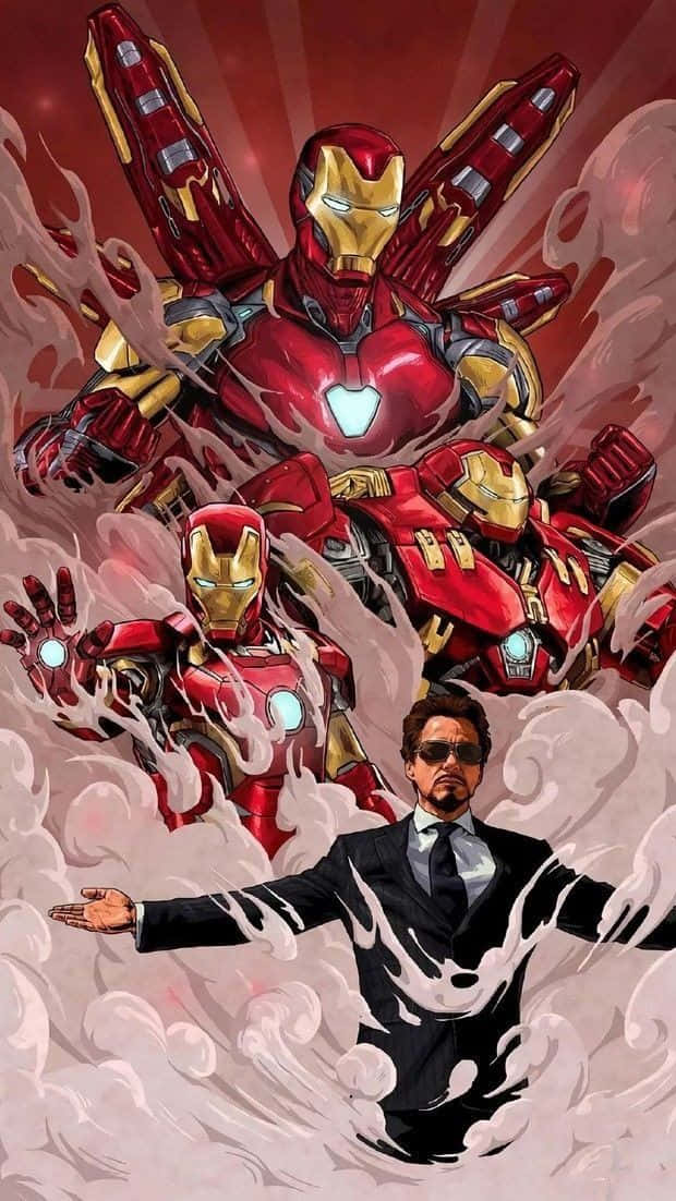 Iron Man Fan Art 桌布 壁紙 — 身穿西裝的東尼·史塔克站在三個從煙霧中衝出的鐵甲奇俠裝甲前，背景是紅色放射光芒。
