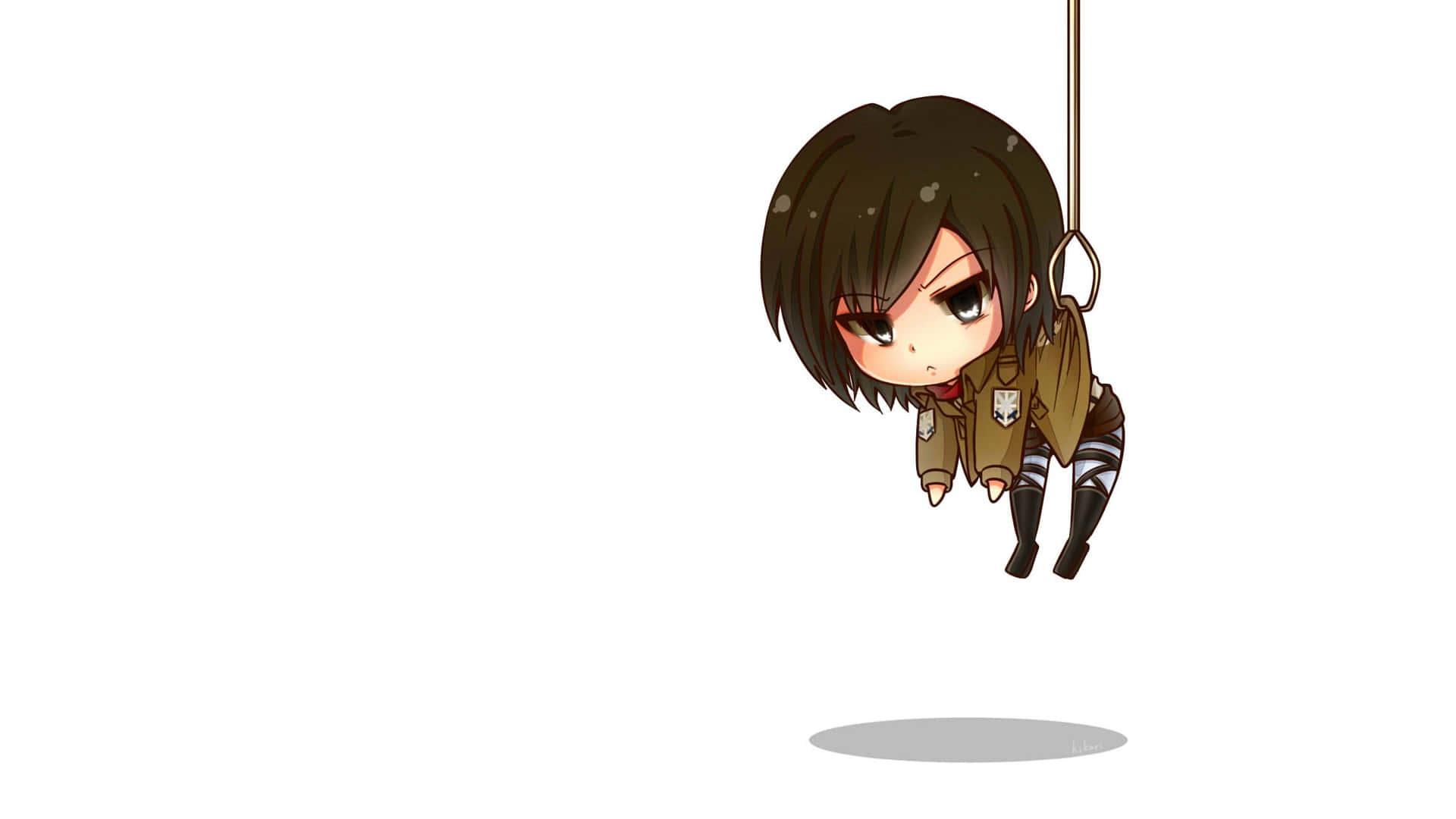 Attack On Titan Season 3 桌布 壁紙 — 身穿軍裝的Q版動漫女孩，在純白背景前以堅定的表情懸掛在繩索上。