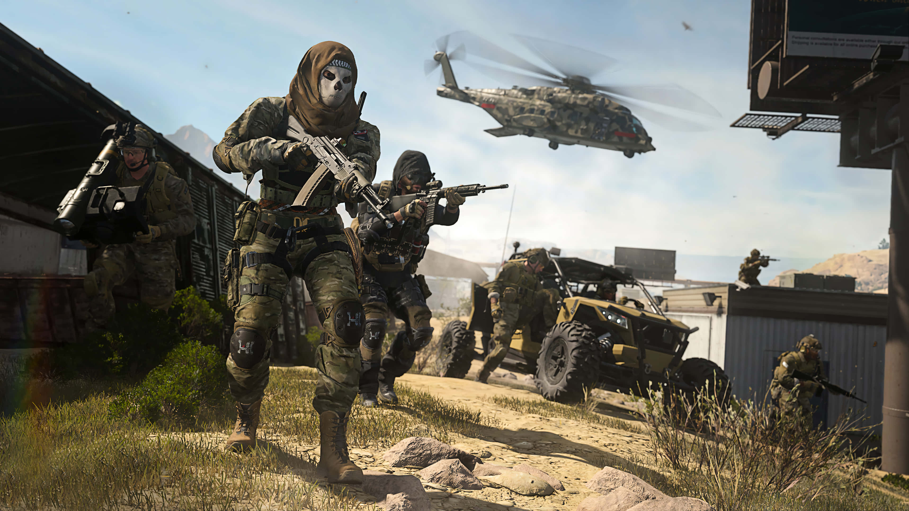 Fps 桌布 壁紙 — 身穿迷彩裝備的士兵在塵土飛揚的戰場上前進，頭頂有直升機盤旋，附近有裝甲車輛。